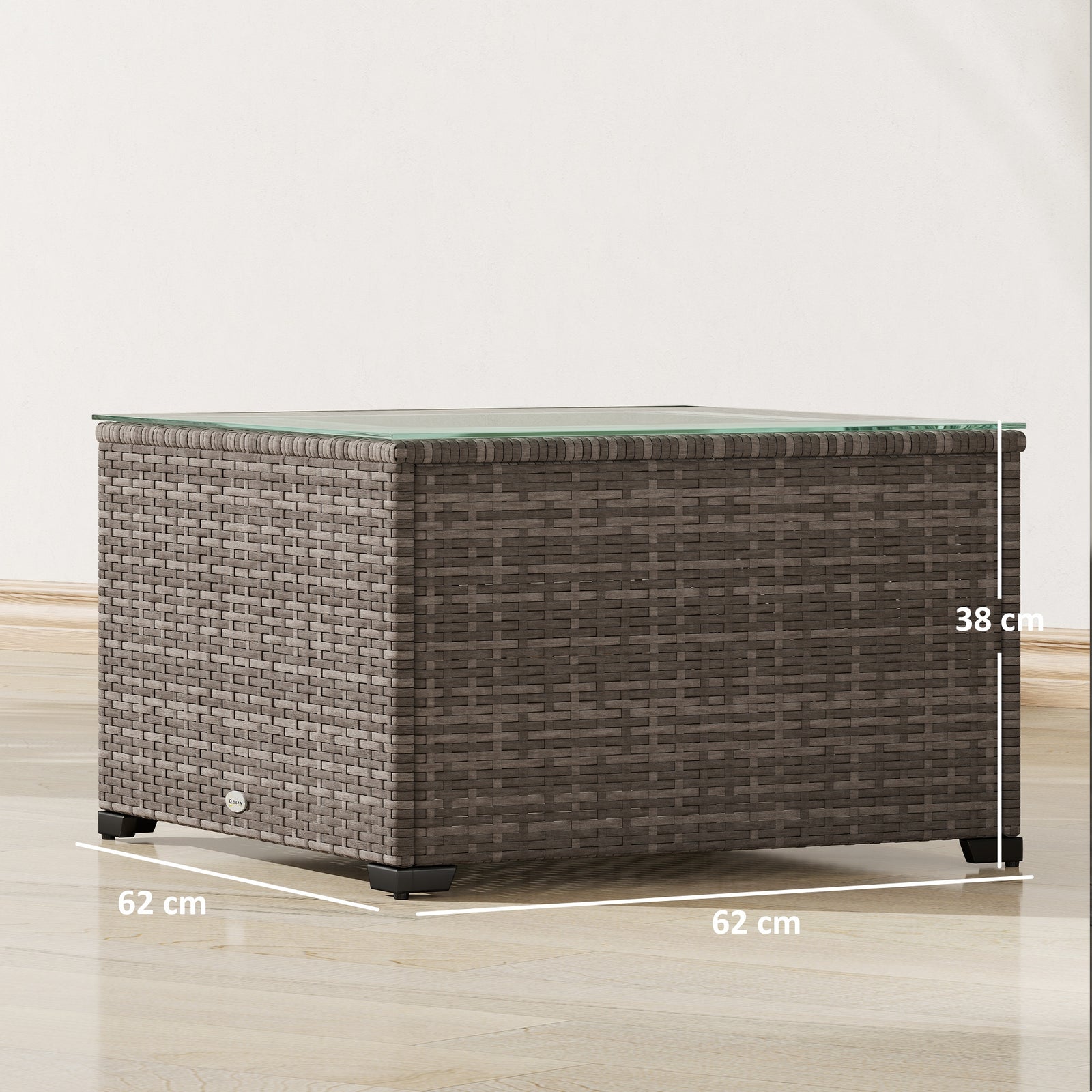 Outdoor Coffee Table W/ Glass Top, Rattan Side Table | Black