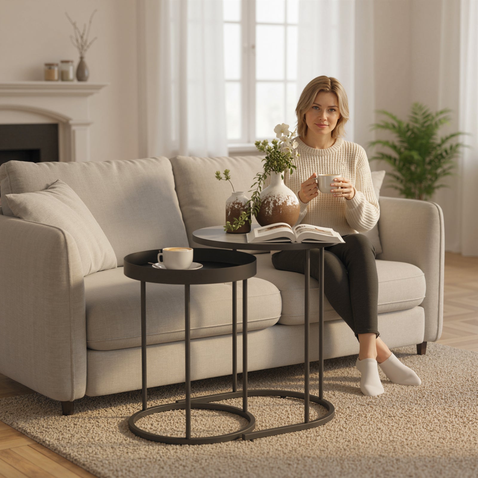 Nesting Side Table Set Of 2, Industrial Round Nest Of Tables | Grey