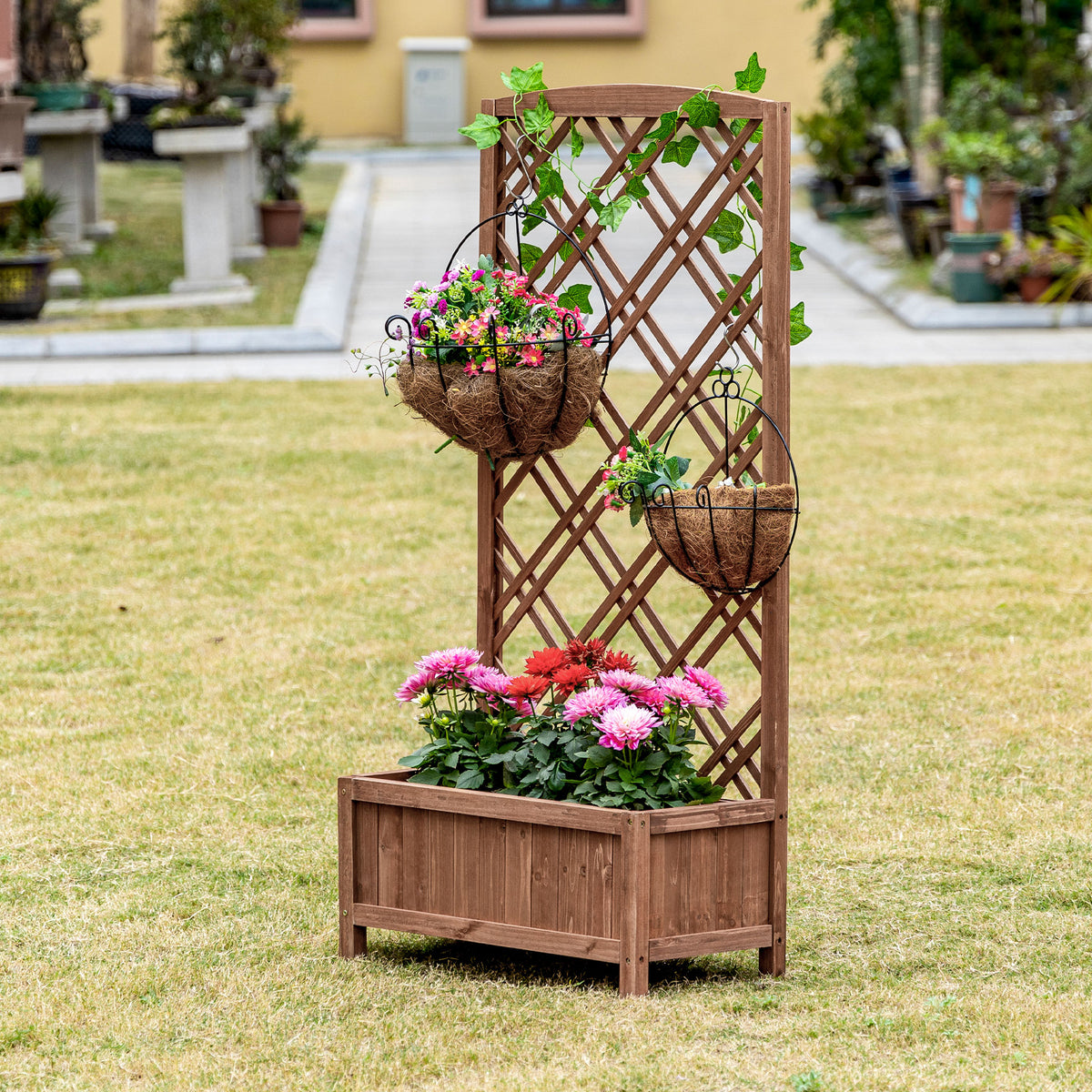 Outsunny Wooden Planter With Trellis, Raised Bed For Garden, Brown