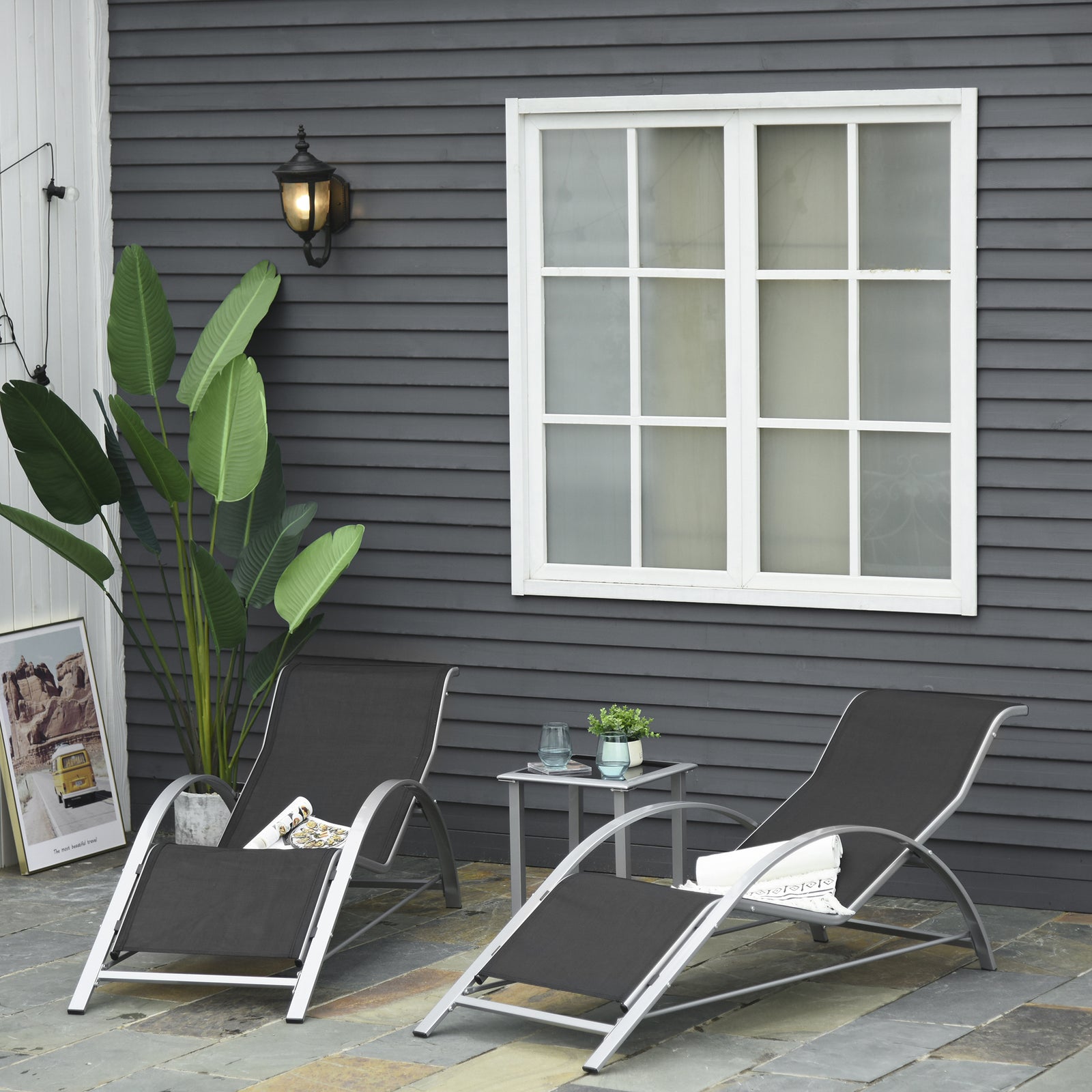 3 Pieces Lounge Chair Set Garden Sunbathing Chair W/ Table | Black