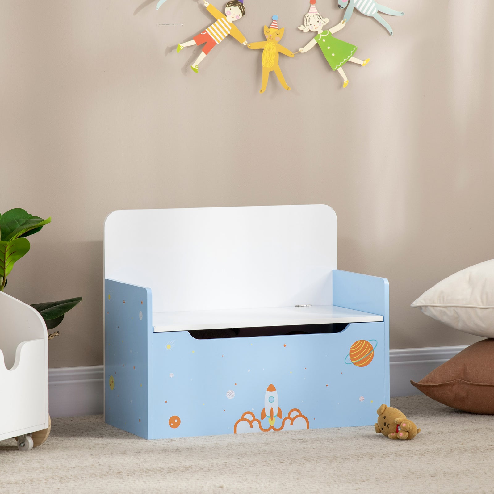 2 In 1 Wooden Kids Storage Bench, Toy Box W/ Safety Rod - Blue
