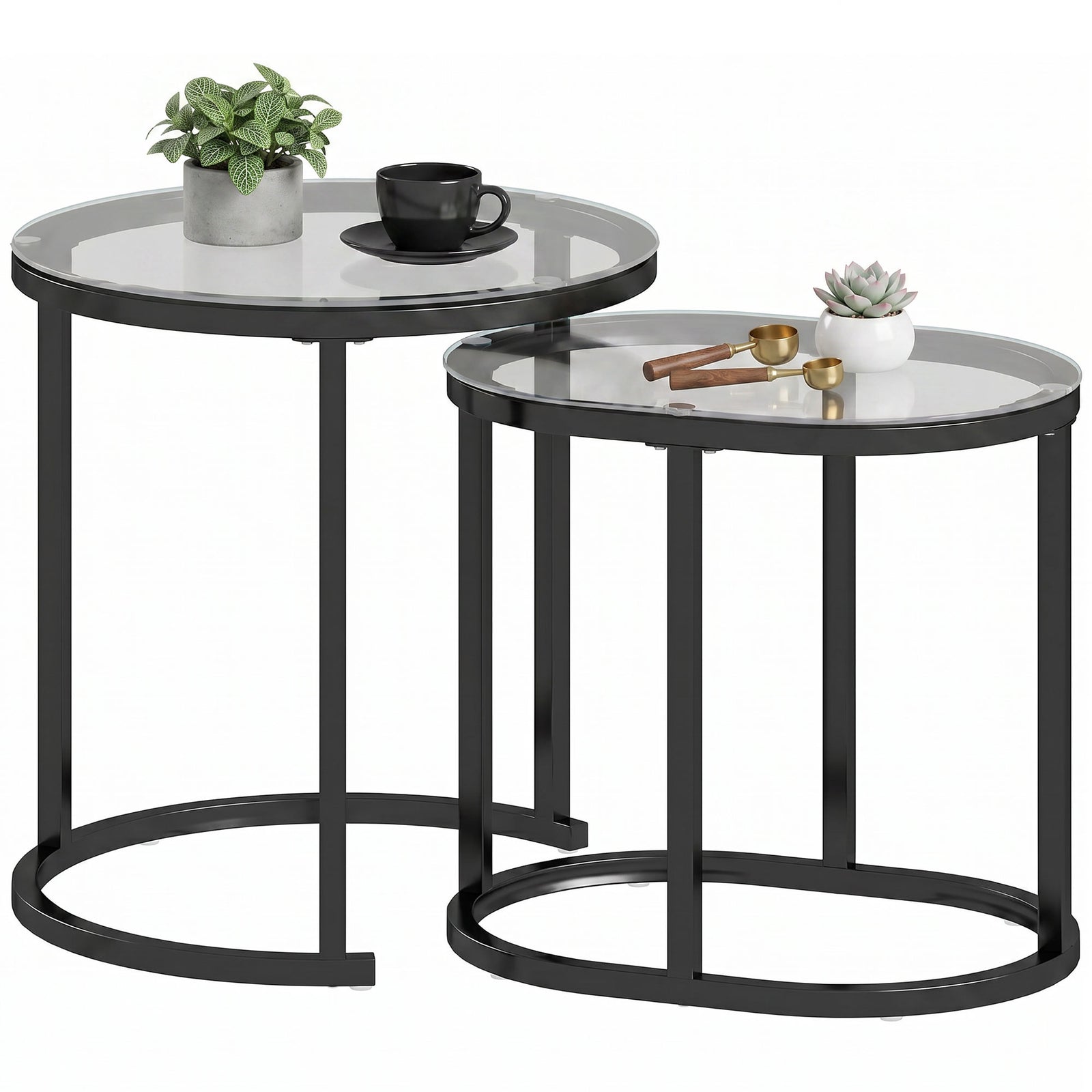 2 Pcs Modern Coffee Table With Tempered Glass Side Tables | Black