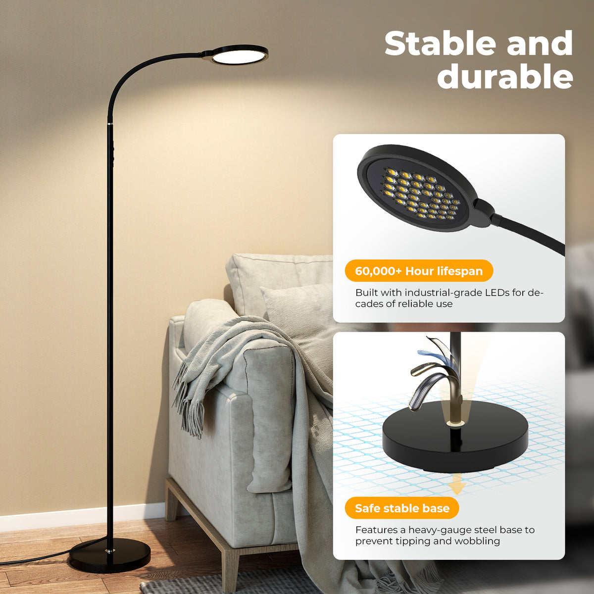 Emitto Led Floor Lamp Dimmable Standard Reading Light Remote Adjustable Angle