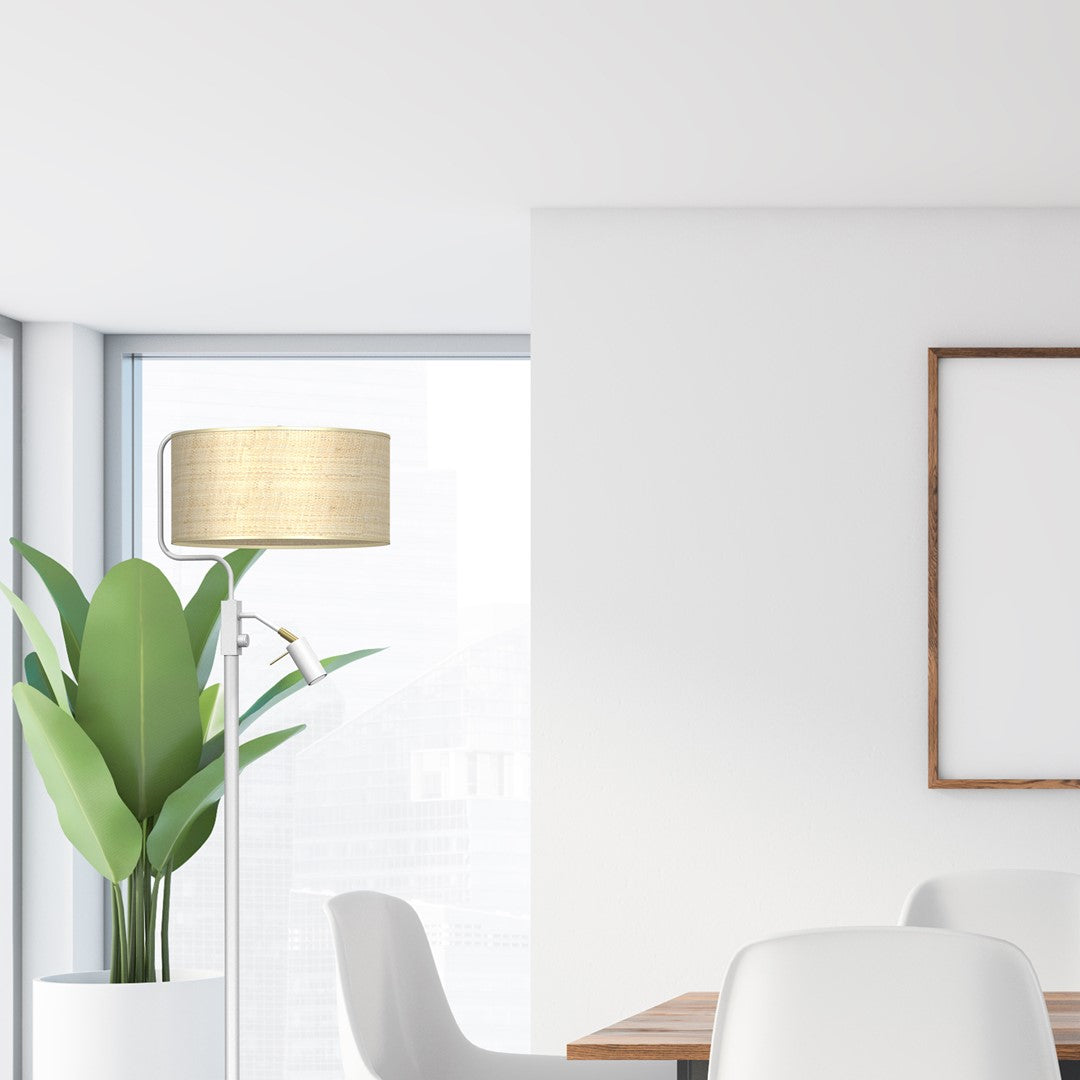 Marshall Hand Made Designer Floor Lamp In Matt White Metal And Natural Rattan Coloured Fabric