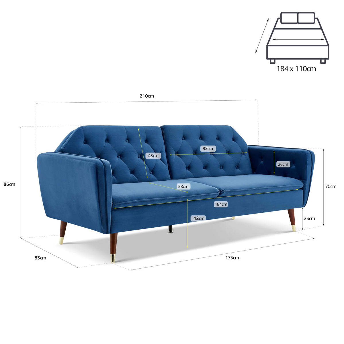 Victoria Velvet Sofa Bed 3 Seater | Blue