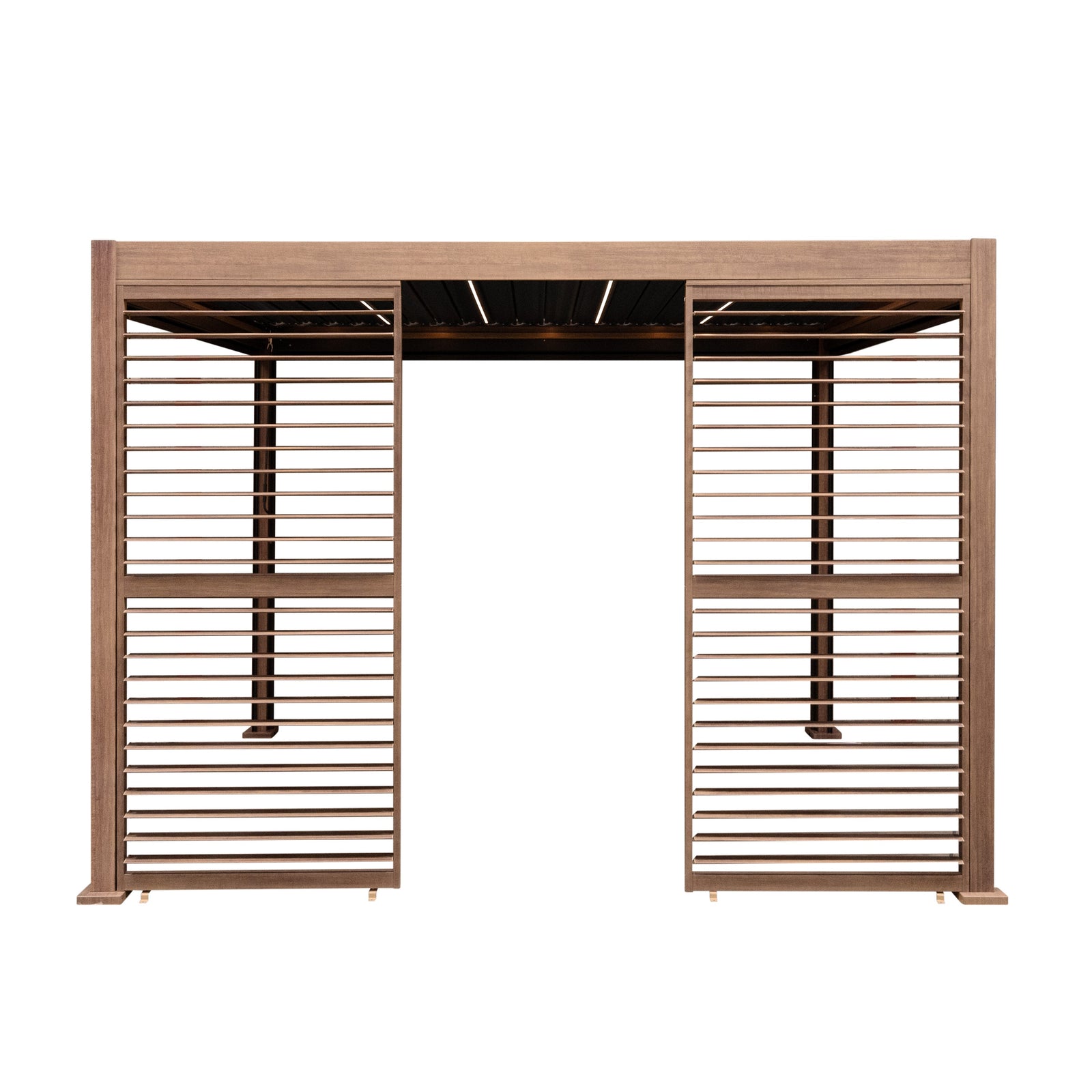 Wood Effect Aluminium Pergola With Blinds, 2 X Side Panels & Led Lights | 3m x 3m | Brown