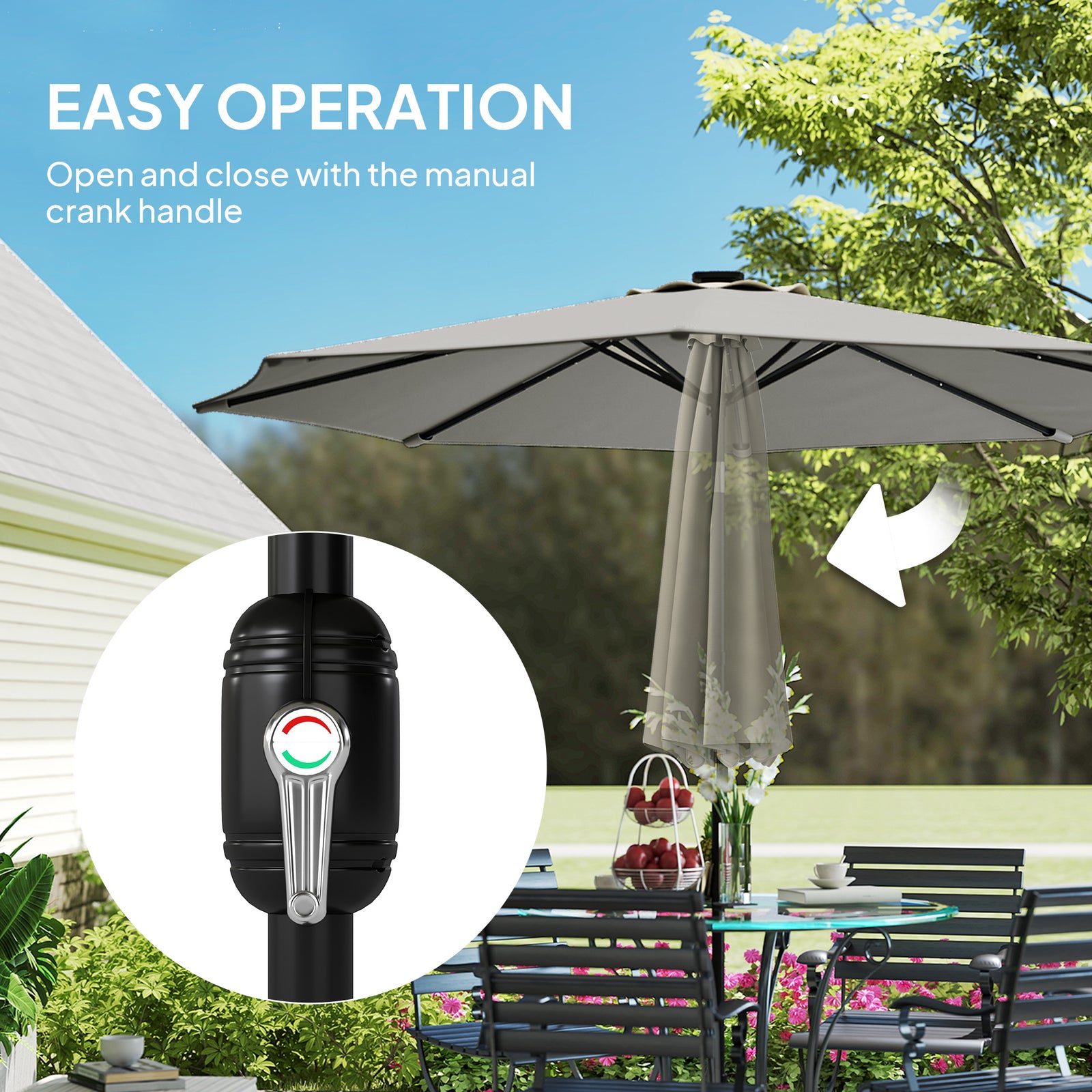 2.6 M Garden Parasol Umbrella With Light, Outdoor Patio Umbrella | Light Grey