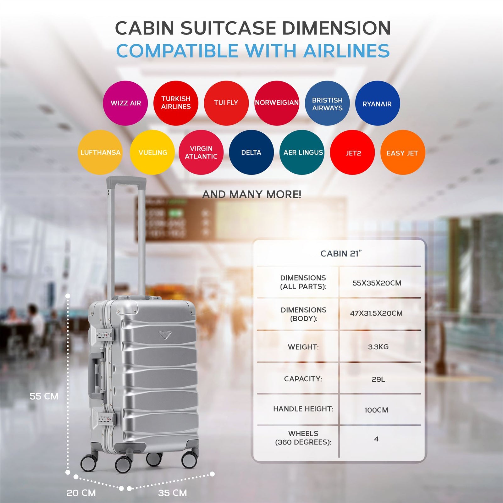 55x35x20cm Hard Shell Cabin Carry On Suitcase 100+ Airline Approved - Aluminium Frame/abs Hard Shell Outer Body | Set-of-3 | Silver
