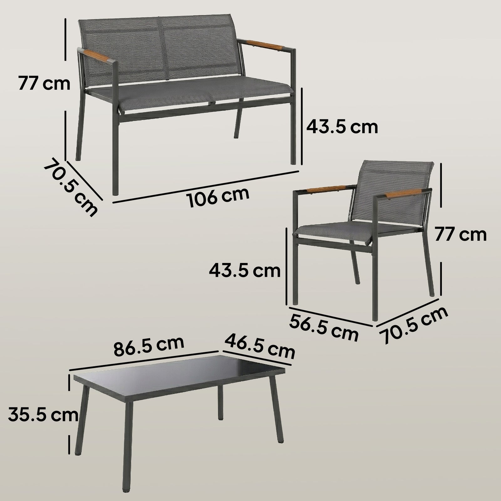 4 Seater Garden Furniture Set, Metal Garden Sofa Set | Grey