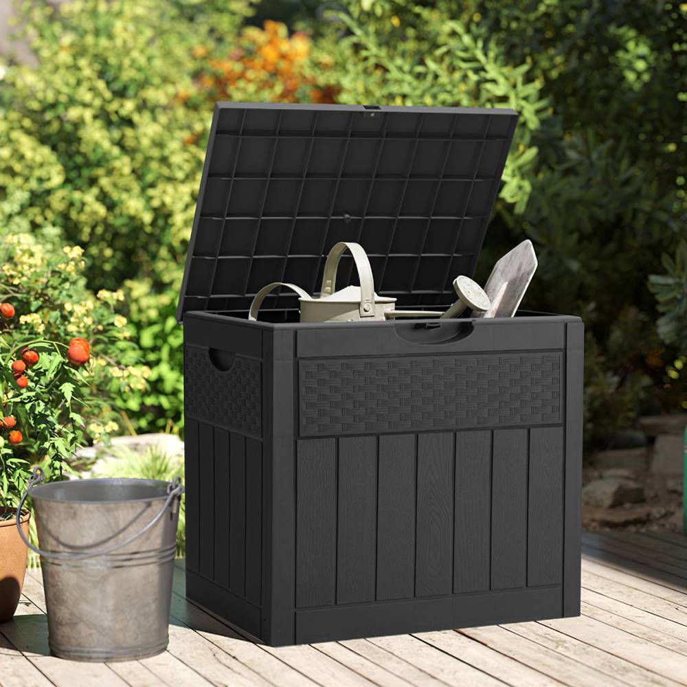 126l Waterproof Plastic Storage Box With Padlock – Rattan Texture Lockable Outdoor & Indoor Storage Container | Black