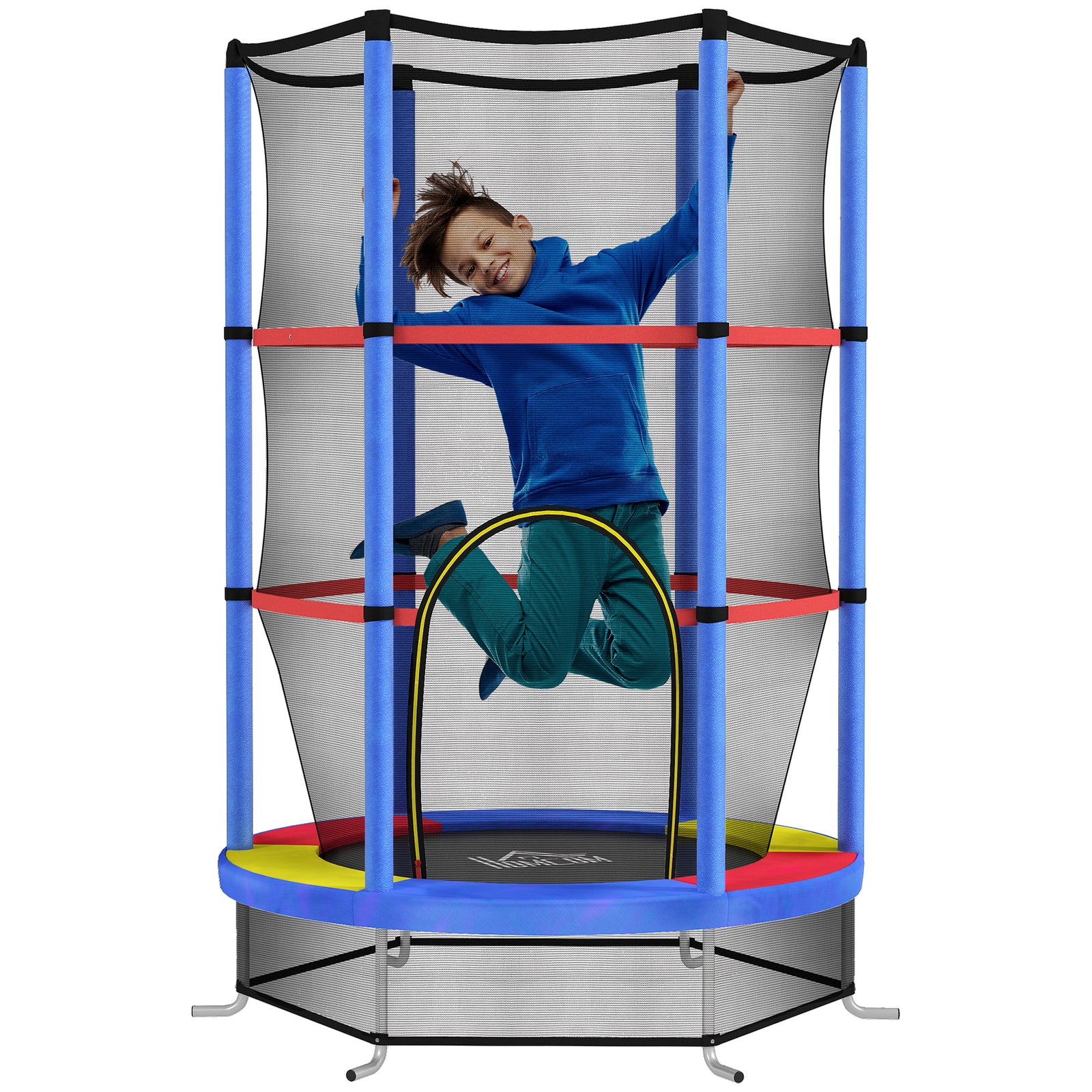 Kids Trampoline W/ Enclosure Net, Steel Frame, For Ages 3-6 Years, Multicoloured | Blue & Yellow