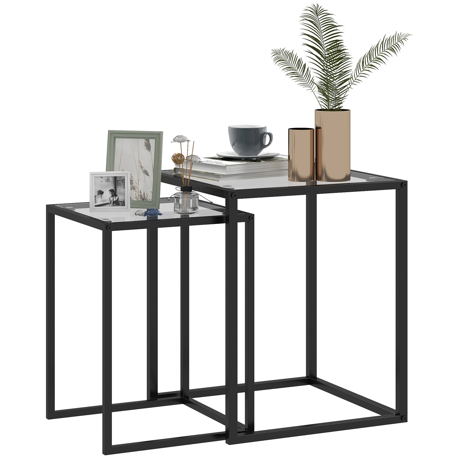 HOMCOM Nesting Tables Set Of 2, End Table With Tempered Glass Top, Black