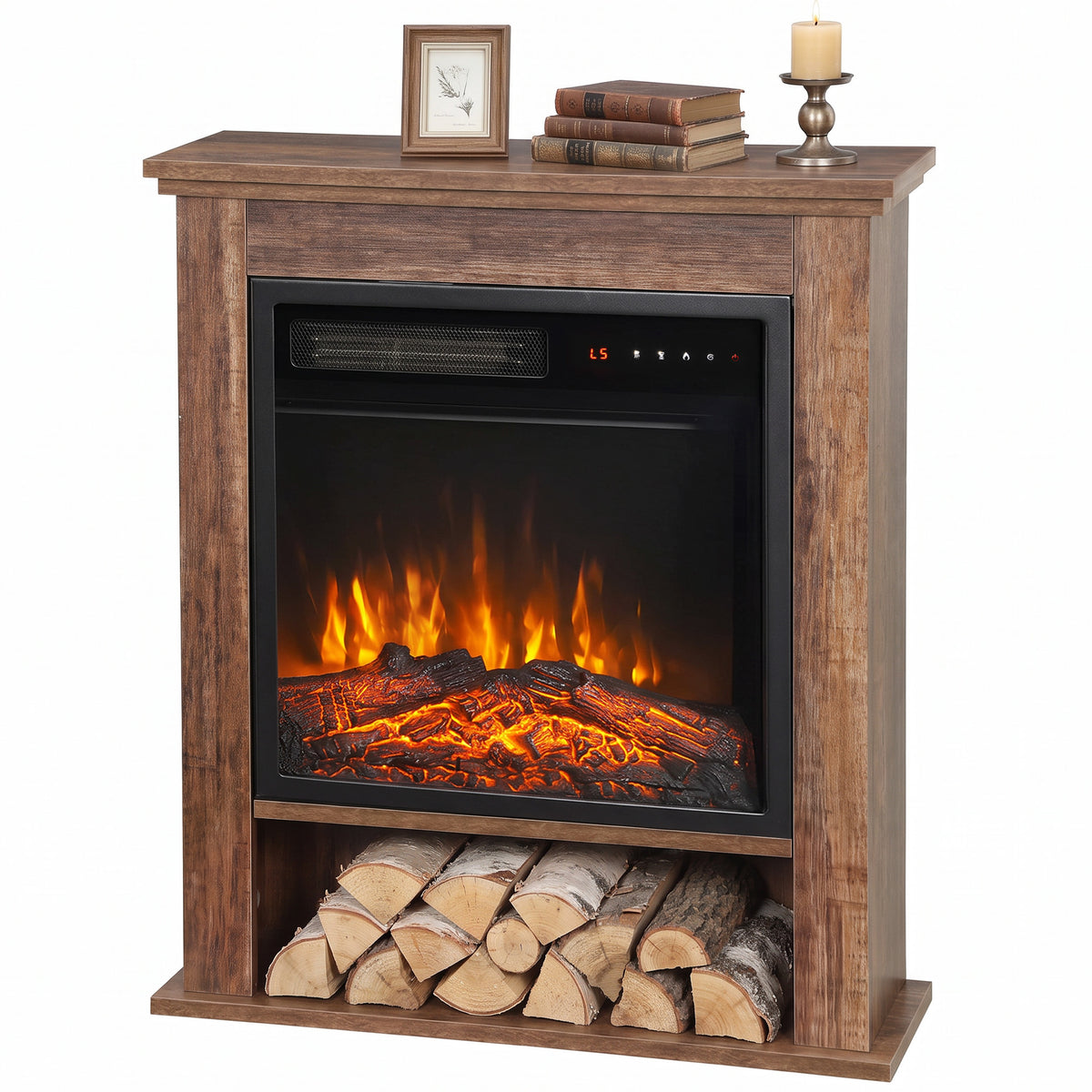 Freestanding Electric Fireplace Suite, 25" 1800w, Open Shelf | Oak