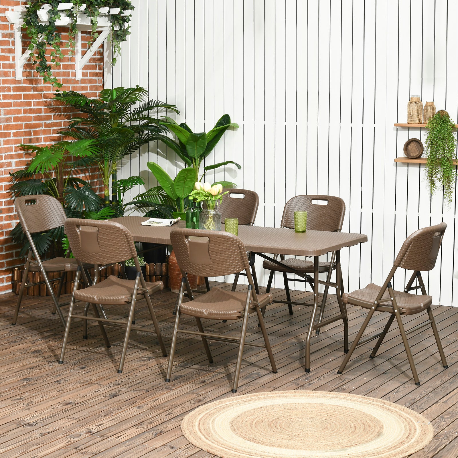 7 Pcs Resin Rattan Dining Set, Foldable Table & Chairs