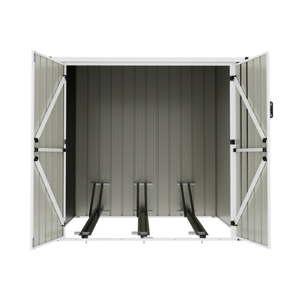 Lockable Outdoor Bike Storage Shed For Cycling, Double Door Metal Shed With 3 Adjustable Bike Racks, Pent Roof, Weatherproof Garden Shed