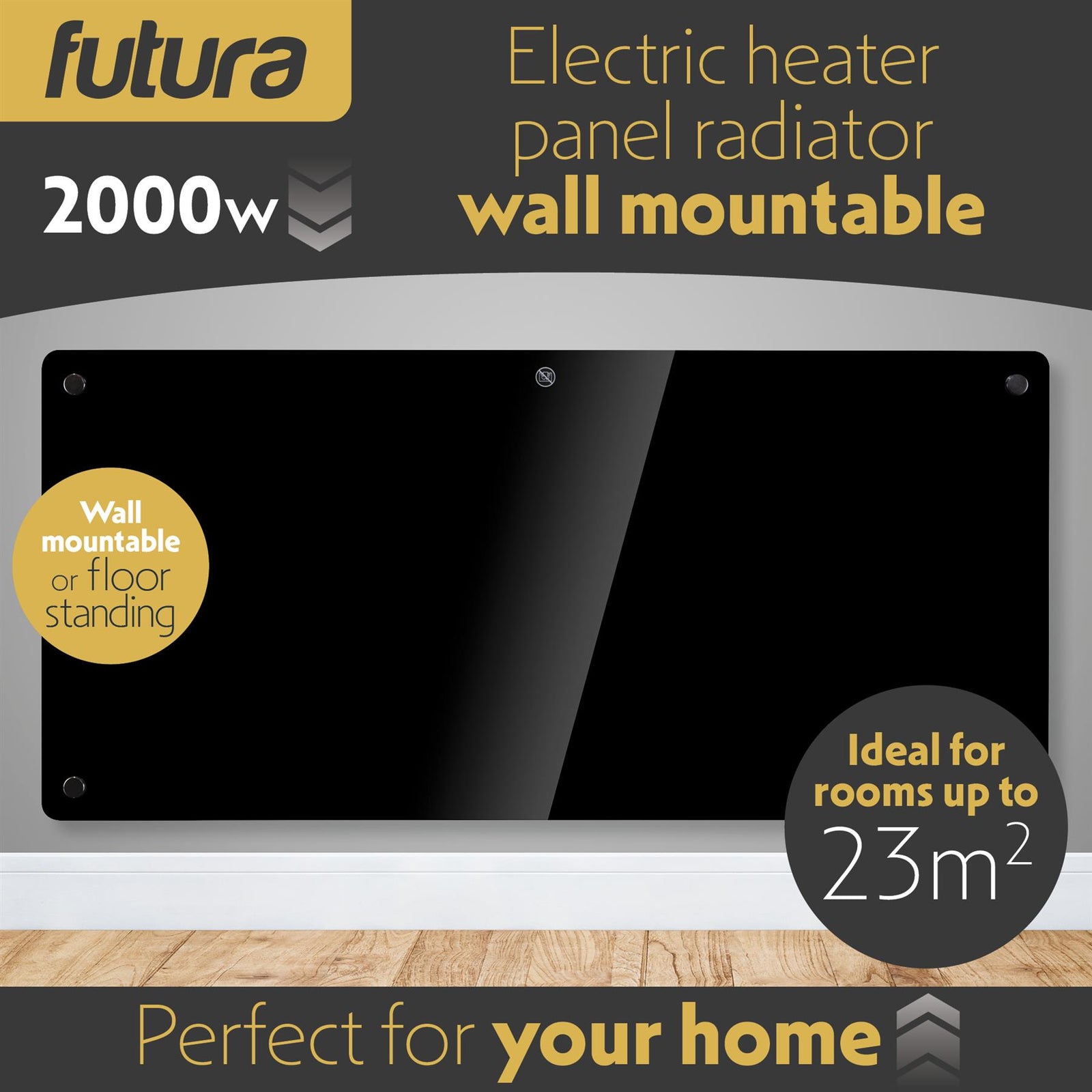 Electric Wifi Glass Radiator Panel Heater Black Wall Mounted Or Floor Standing Bathroom Safe, Timer And Thermostat | 2000w | Black