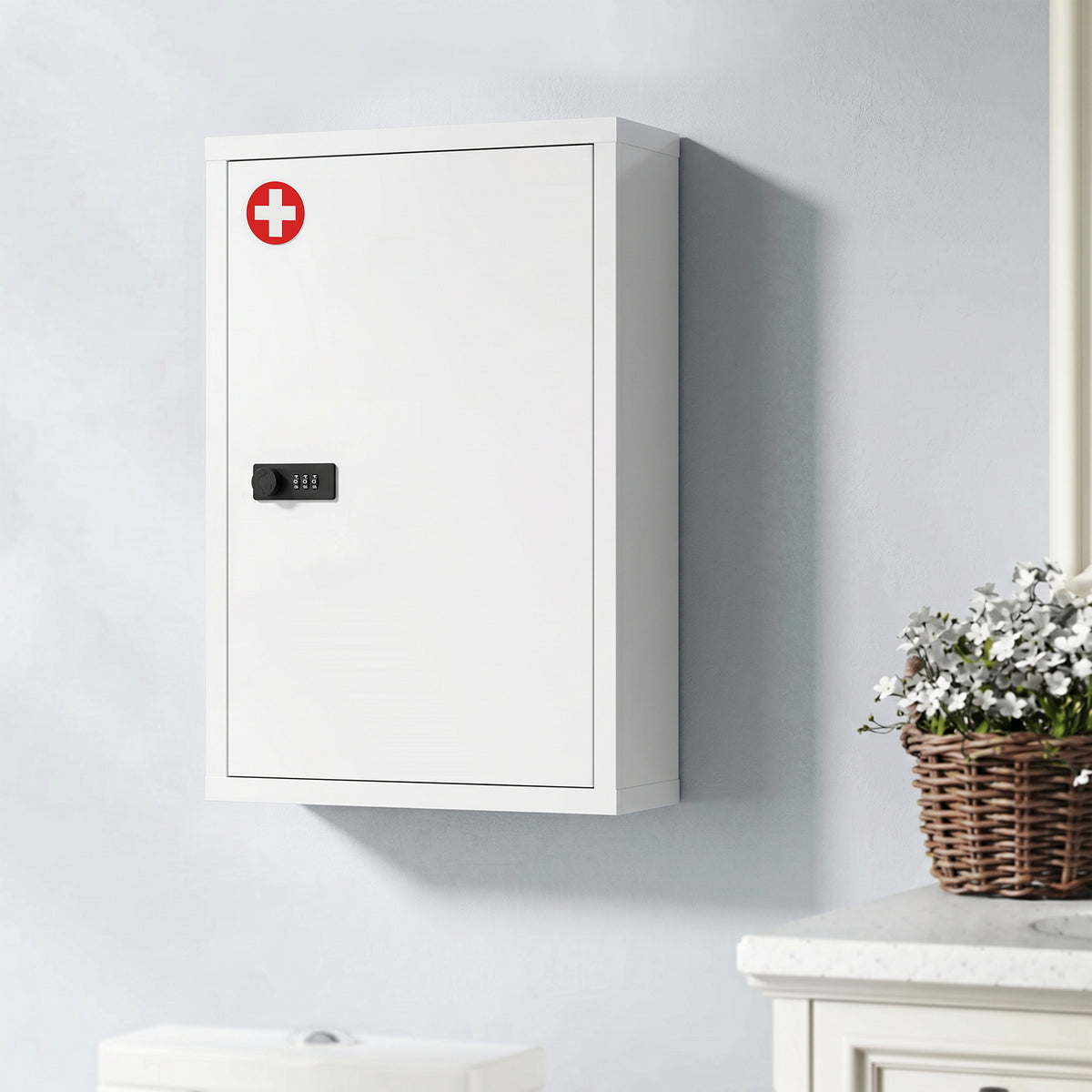 HOMCOM Wall Mount Medicine Cabinet With Combination Lock, White