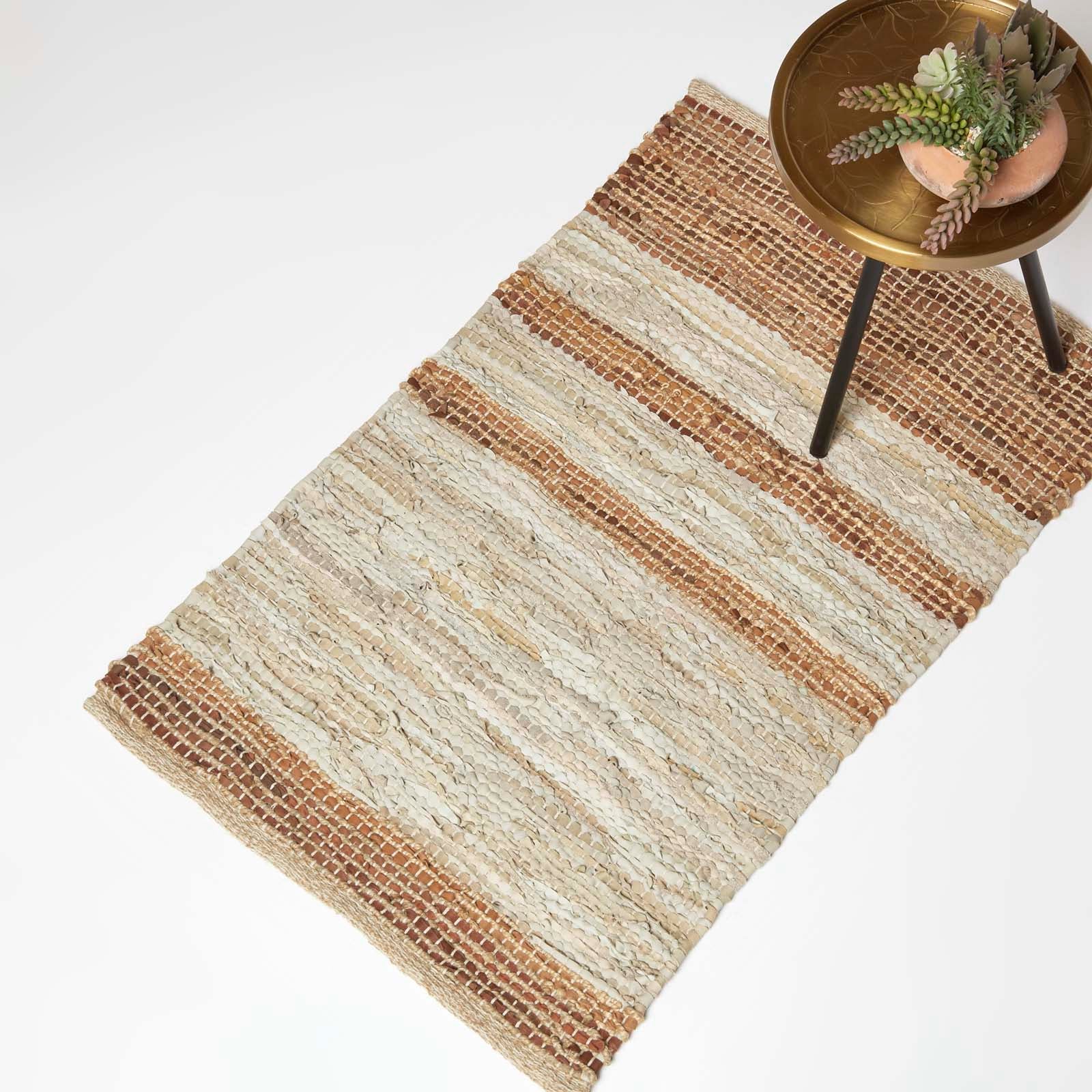 Recycled Leather Handwoven Stripe Rug | 60cm x 80cm | Brown