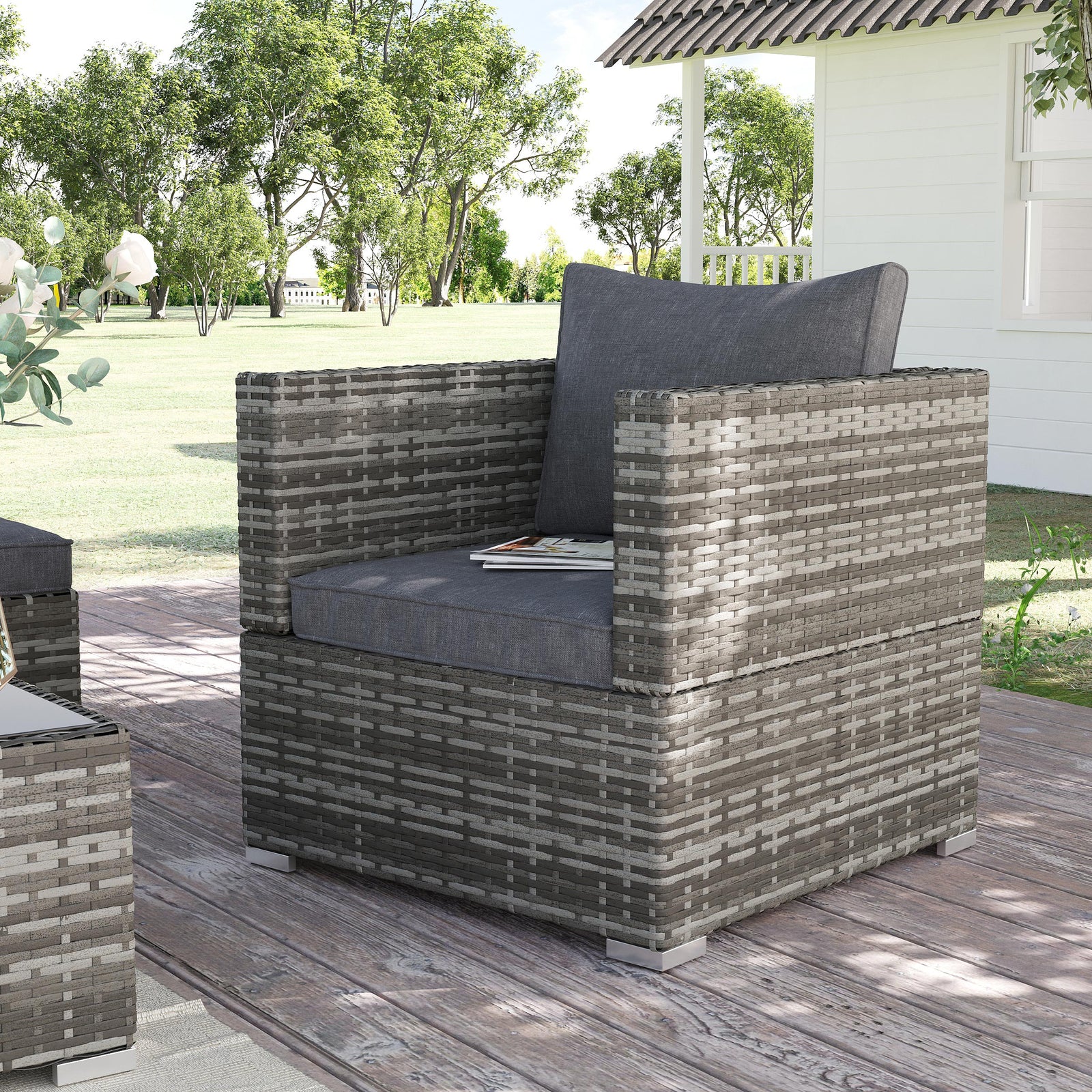 Outdoor Single Wicker Furniture Sofa W/padded Cushion Garden | Dark Gray