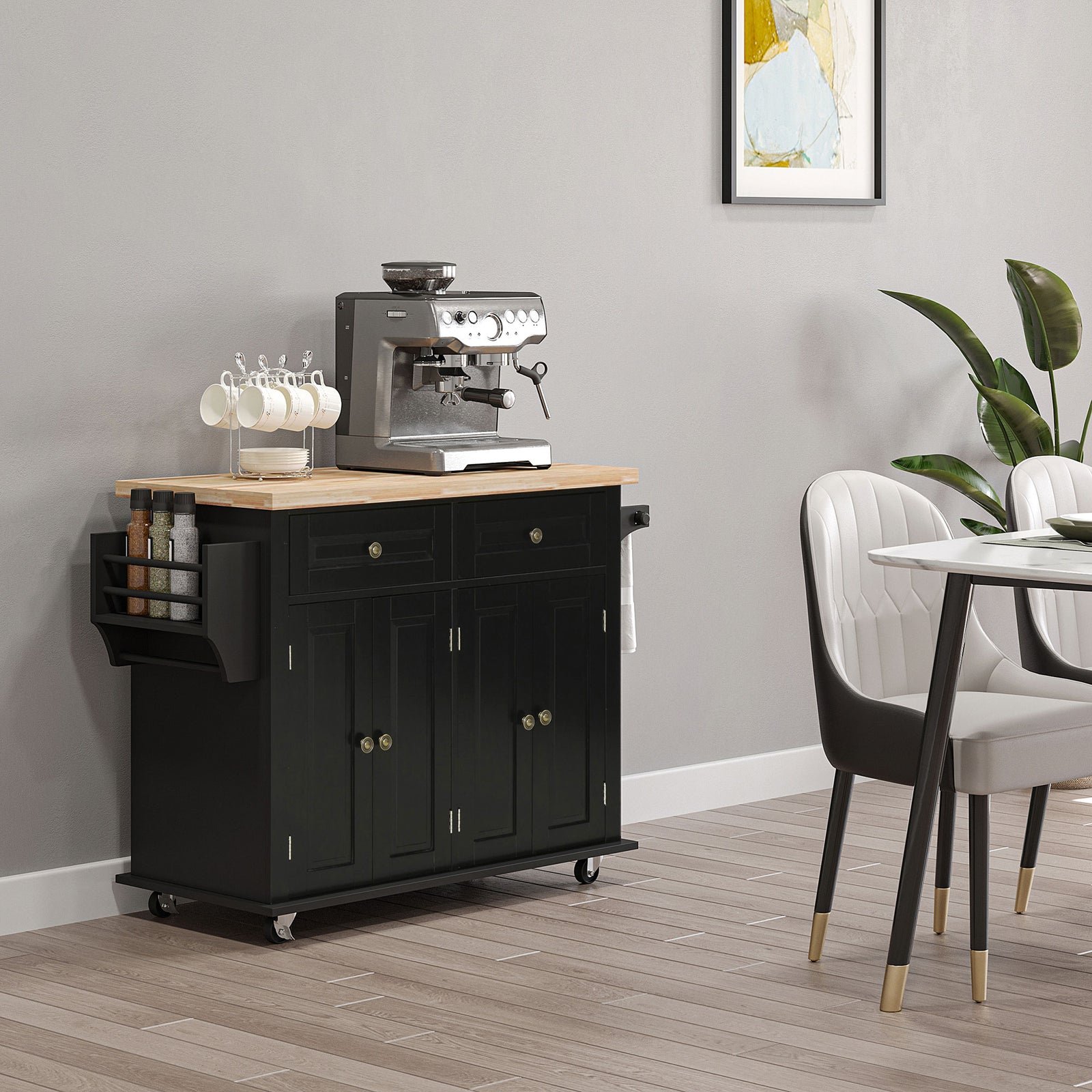 Rolling Kitchen Island Cart With Rubber Wood Top, Spices | Black