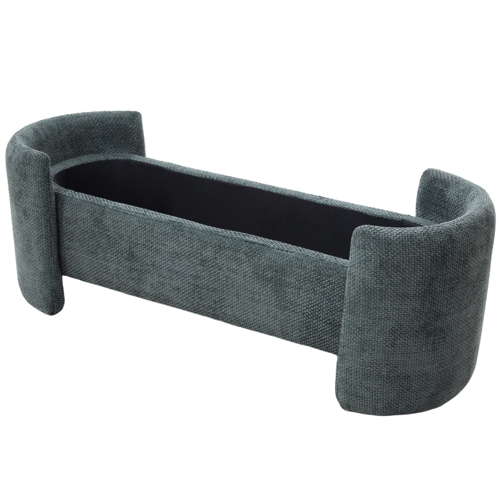 Chenille Upholstered Storage Bench With Arc-shaped Sides, 125cm Wide Ottoman Seat With Hidden Compartment For Living Room Or Bedroom | Bottle Green