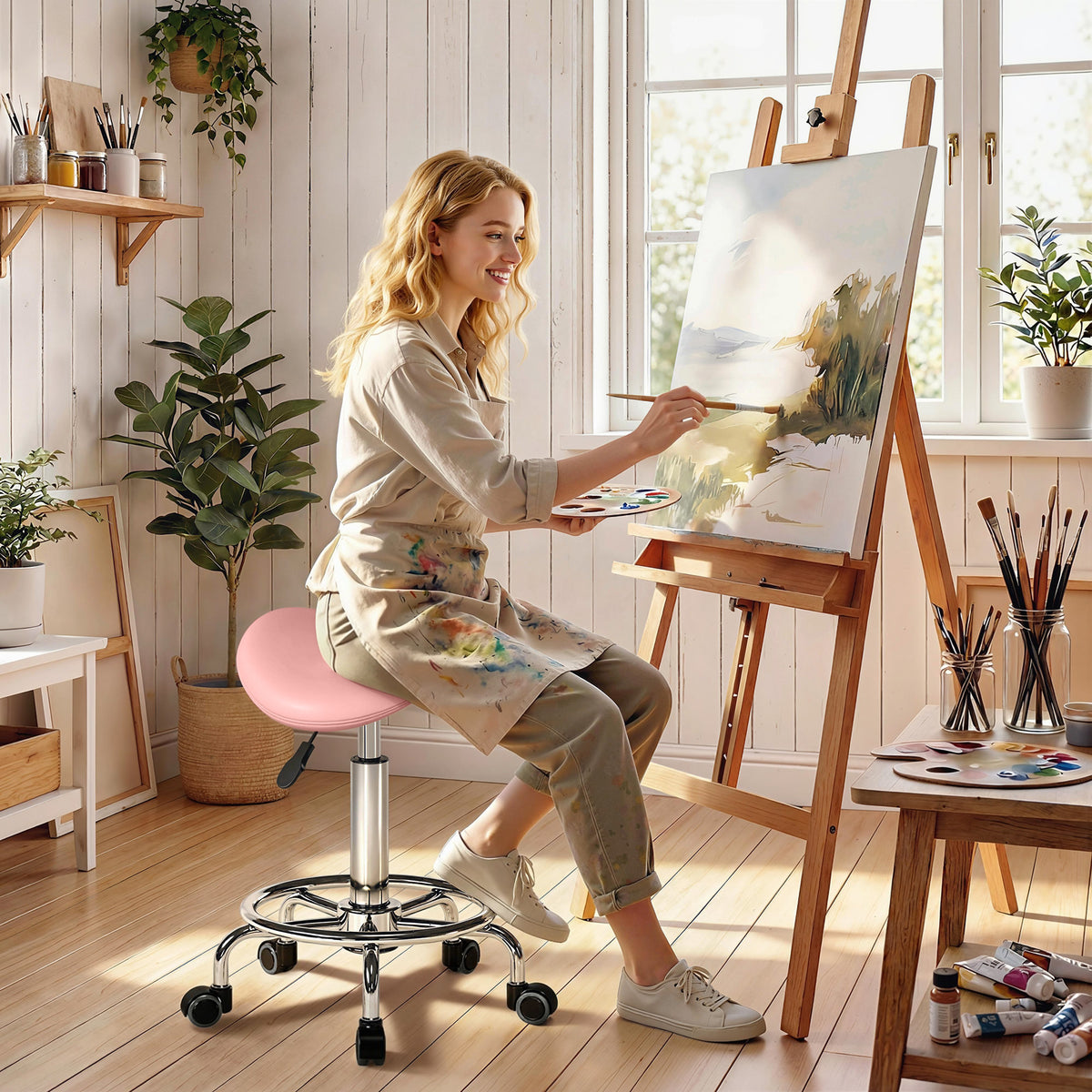 Saddle Chair, Rolling Salon Stool For Massage Spa | Pink