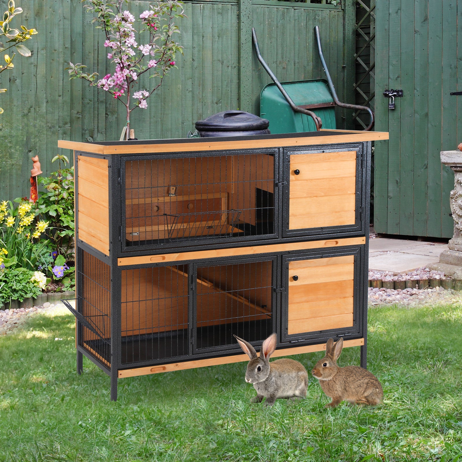 2-story Wooden Metal Rabbit Hutch Bunny Cage W/ Ramp Feeding Trough