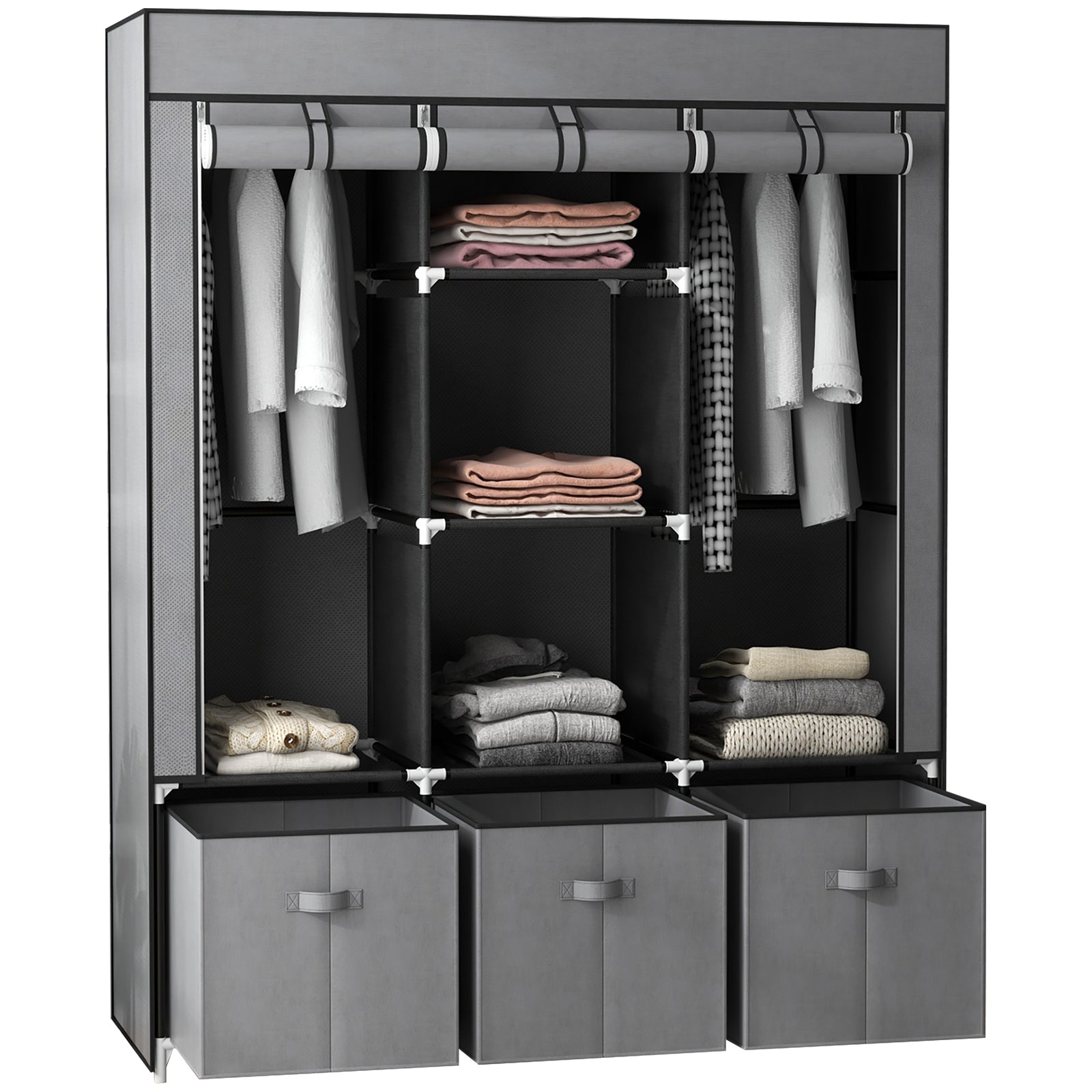 Portable Wardrobe W/ 5 Shelves 3 Fabric Drawers And 2 Rails