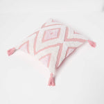 Geometric Ikat Tufted Cotton Cushion With Tassels | 45cm x 45cm | Pink & White