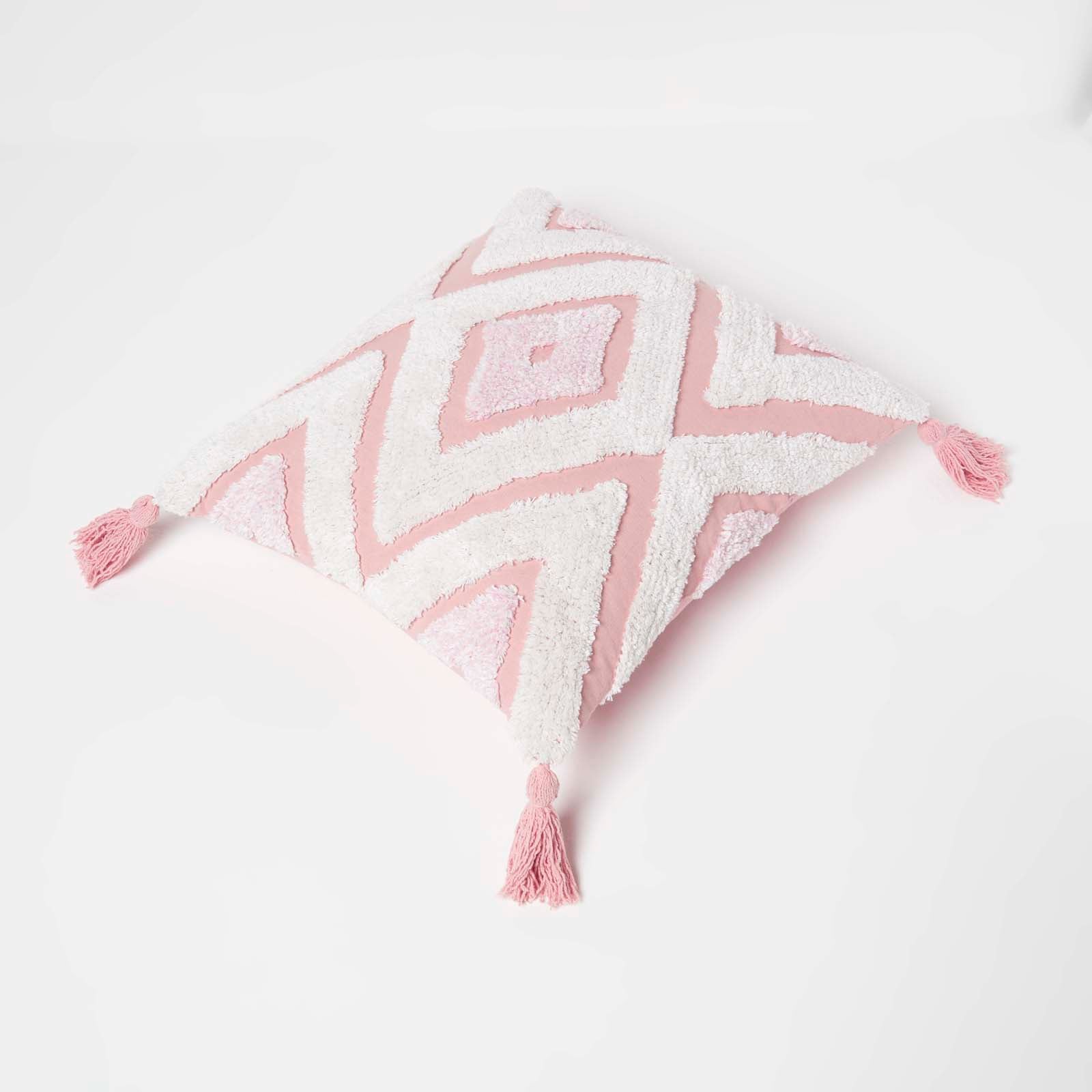 Geometric Ikat Tufted Cotton Cushion With Tassels | 45cm x 45cm | Pink & White