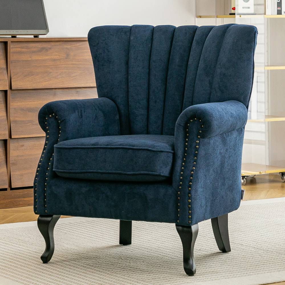 Elegant Chenille Armchair With Rubberwood Legs | Blue