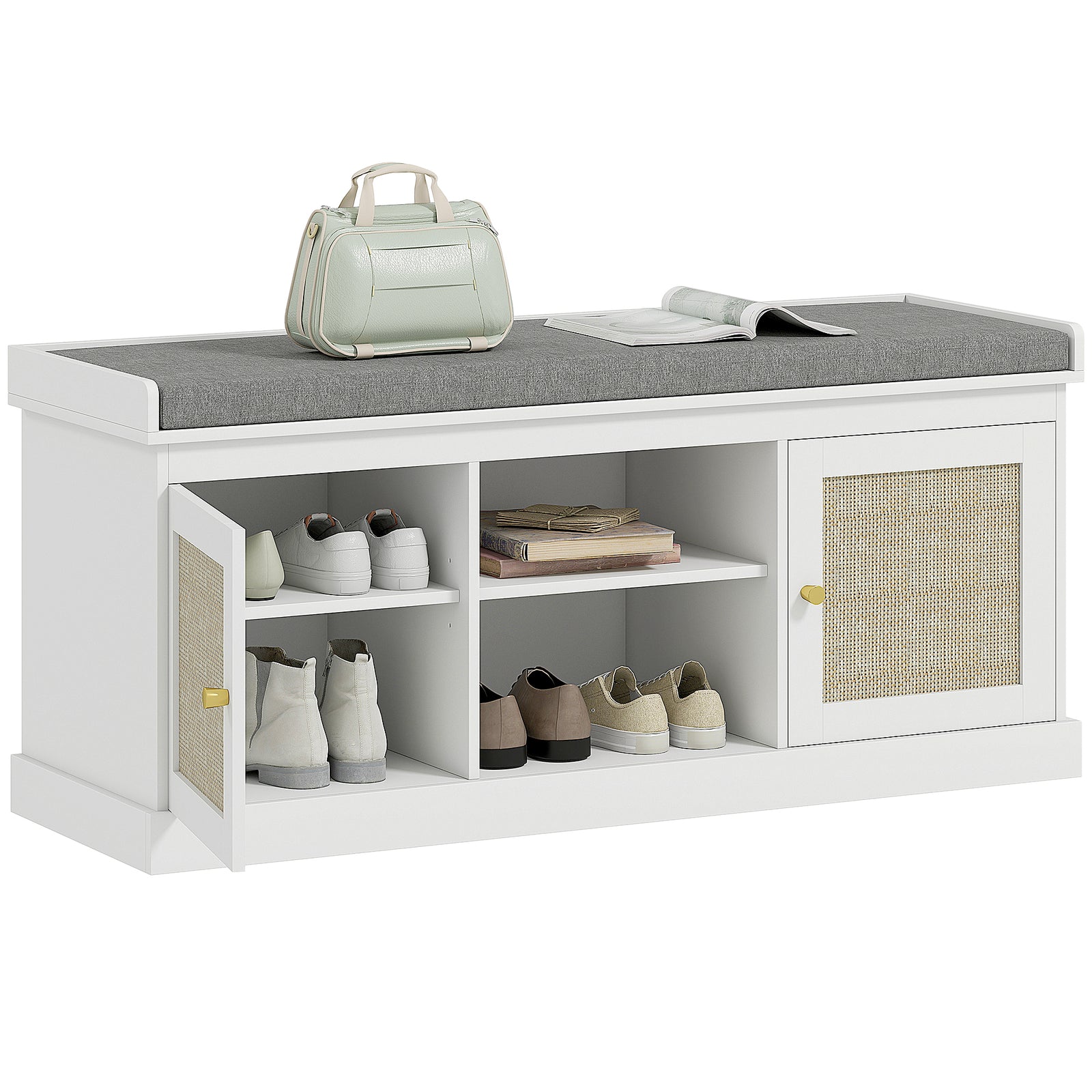 Shoe Bench, Boho Shoe Storage Bench With Padded Cushion, White