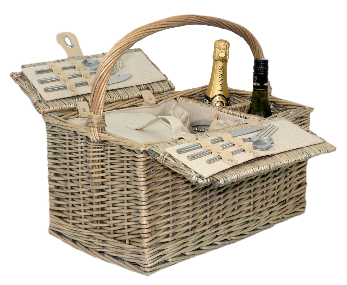 Wicker Double Lidded Fitted Picnic Basket | 2 Person | White