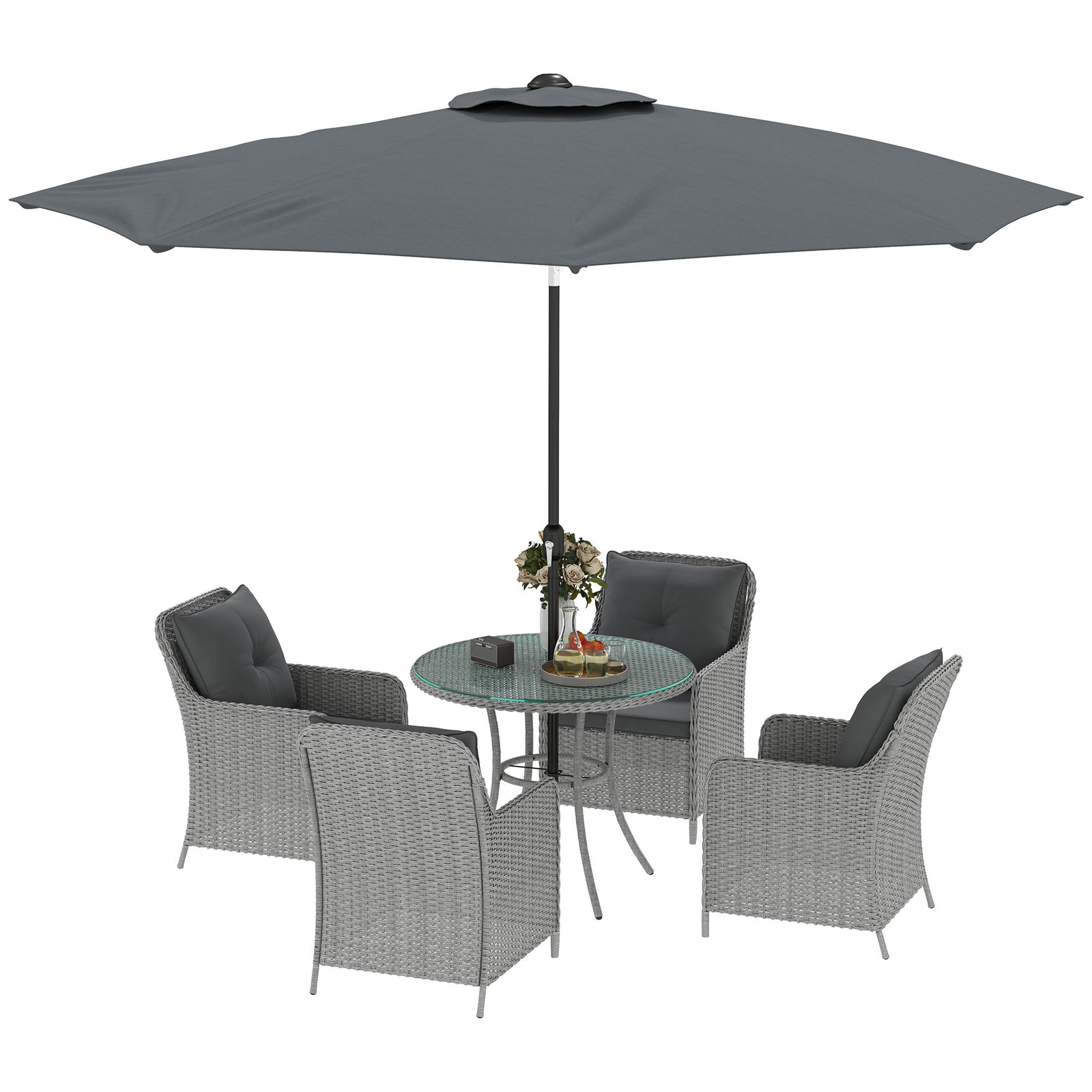 Luxury Rattan Garden Dining Set W/ Parasol, Cushions