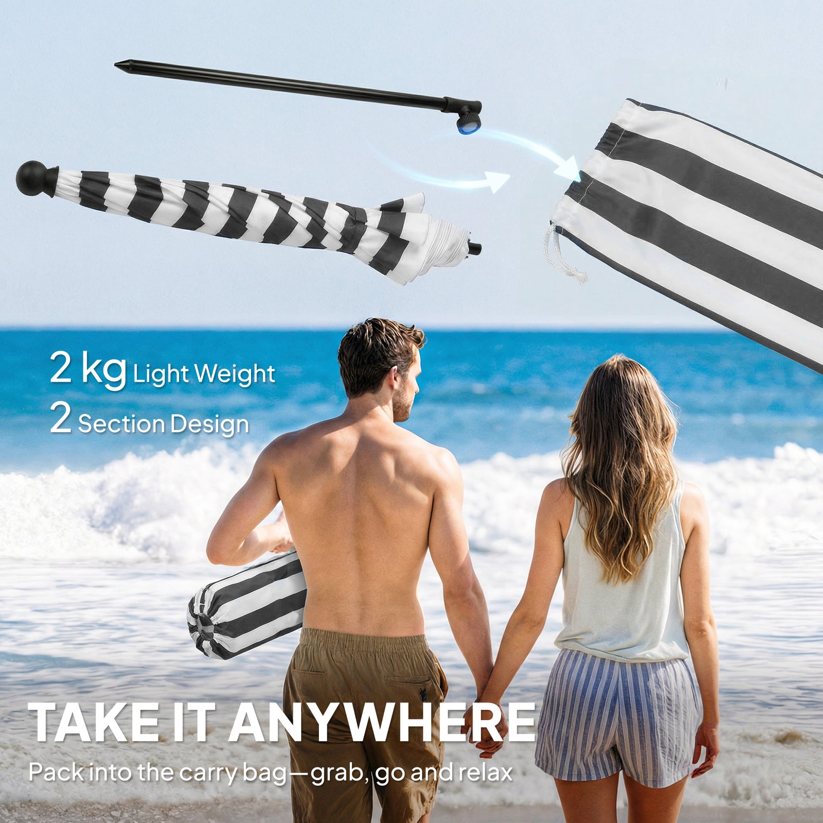 1.8 M Beach Umbrella Parasol With Sand Anchor, Tilt | Grey & White