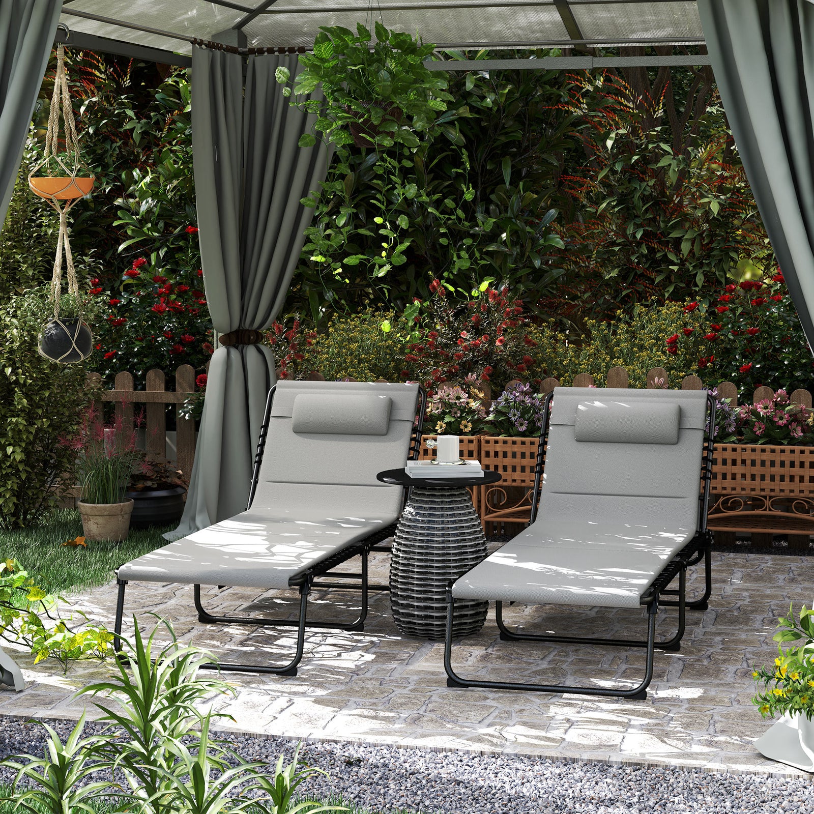 Folding Sun Loungers Set Of 2, Reclining Sun Bed | Light Grey