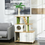 2 In 1 Hidden Litter Box With Green Leaf Cat Tree, Indoor, Oak