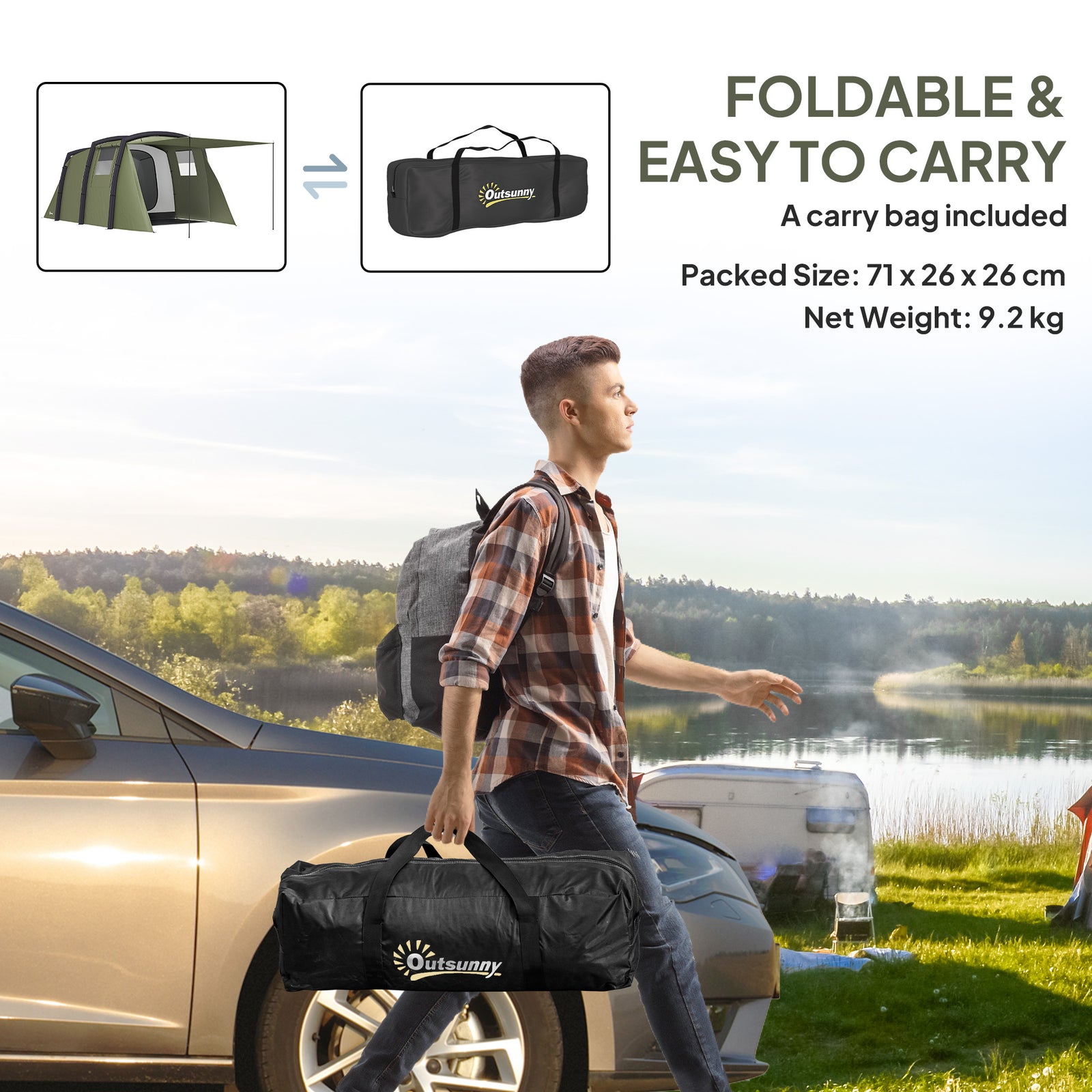 Inflatable 3-4 Man Tunnel Tent, Air Pump | Green