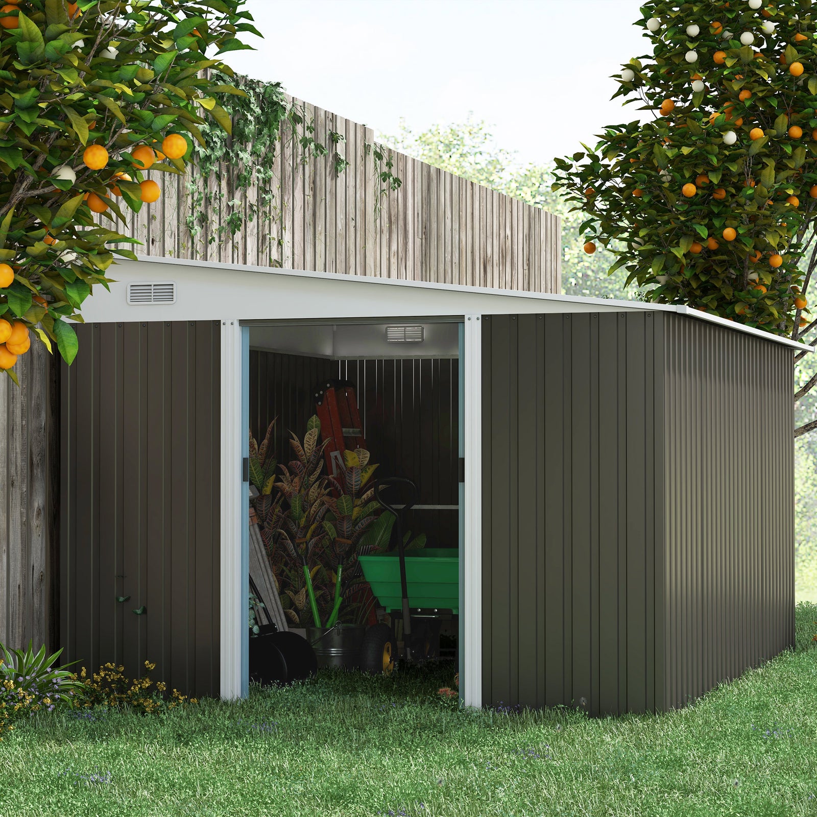 11.3x9.2ft Steel Garden Storage Shed Tool House With Doors