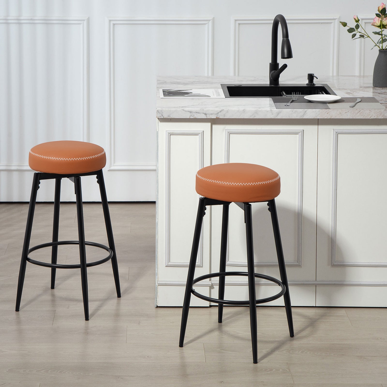 Swivel Bar Stools Set Of 2, Pu Leather Barstools With Footrest | Brown