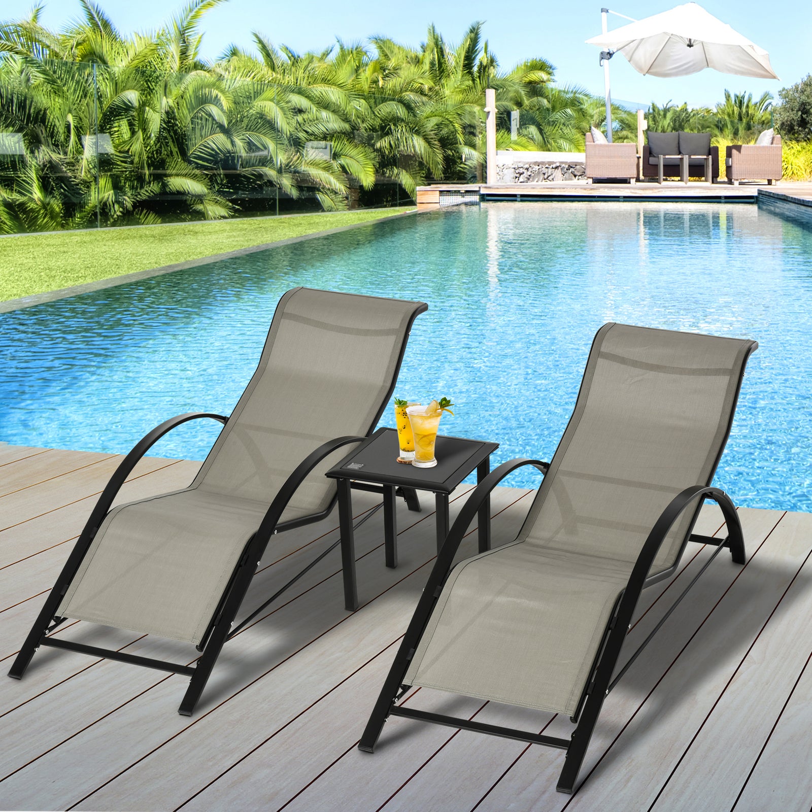 3 Pieces Lounge Chair Set Garden Sunbathing Chair W/ Table | Gray