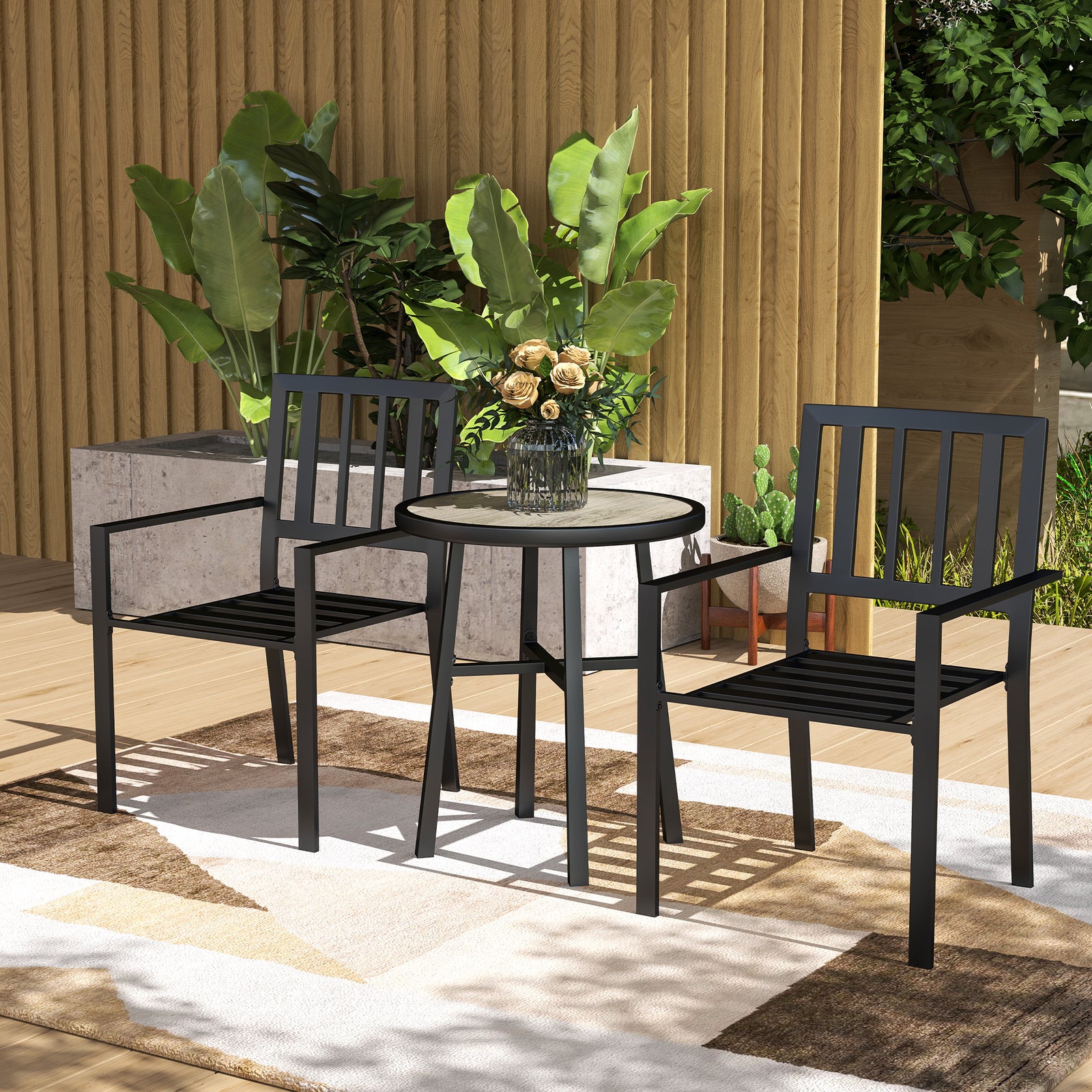 Outsunny 3 Piece Patio Bistro Set W/ Plastic Top, 2 Stackable Chairs