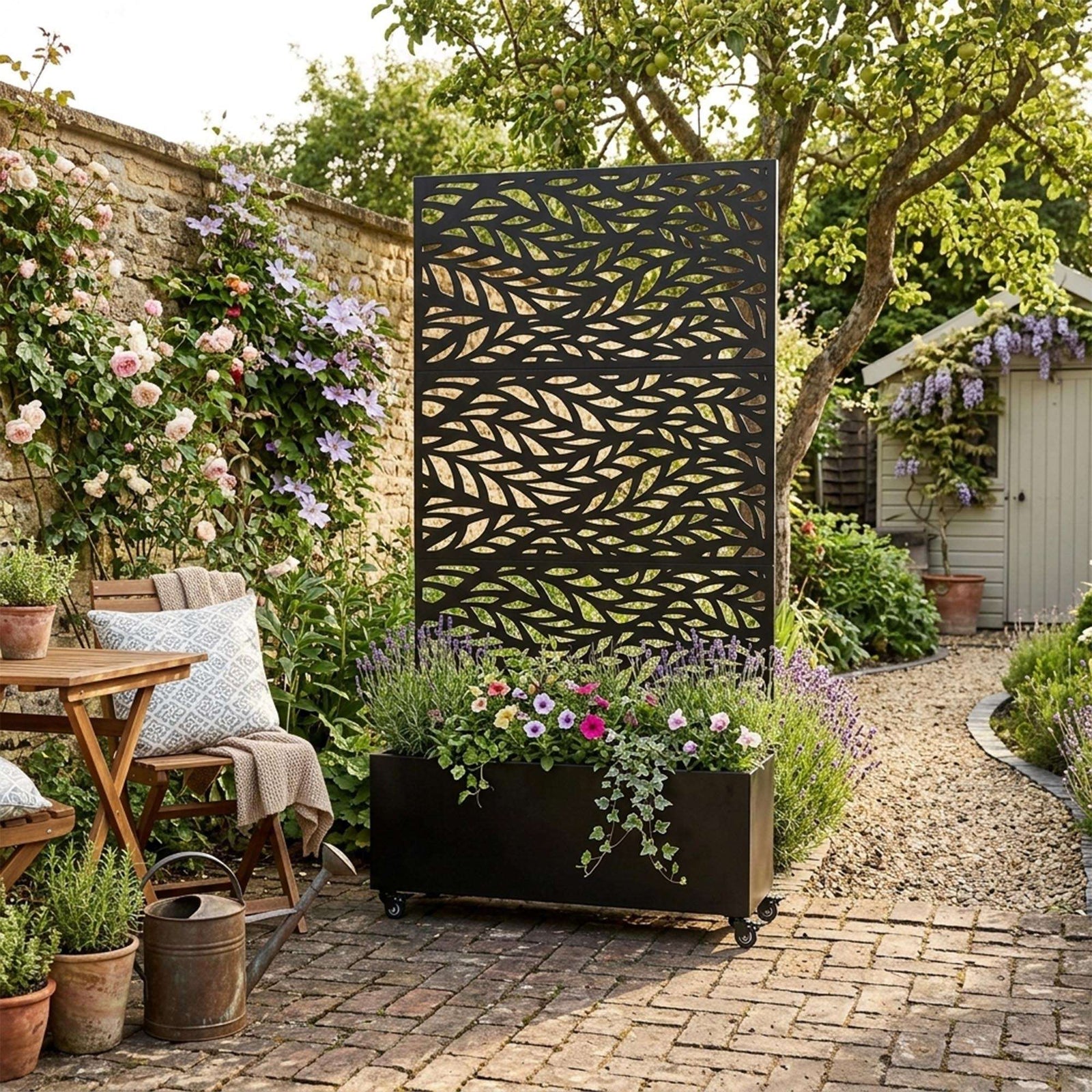 Metal Privacy Screen With Plant Pot - Leaf | Black