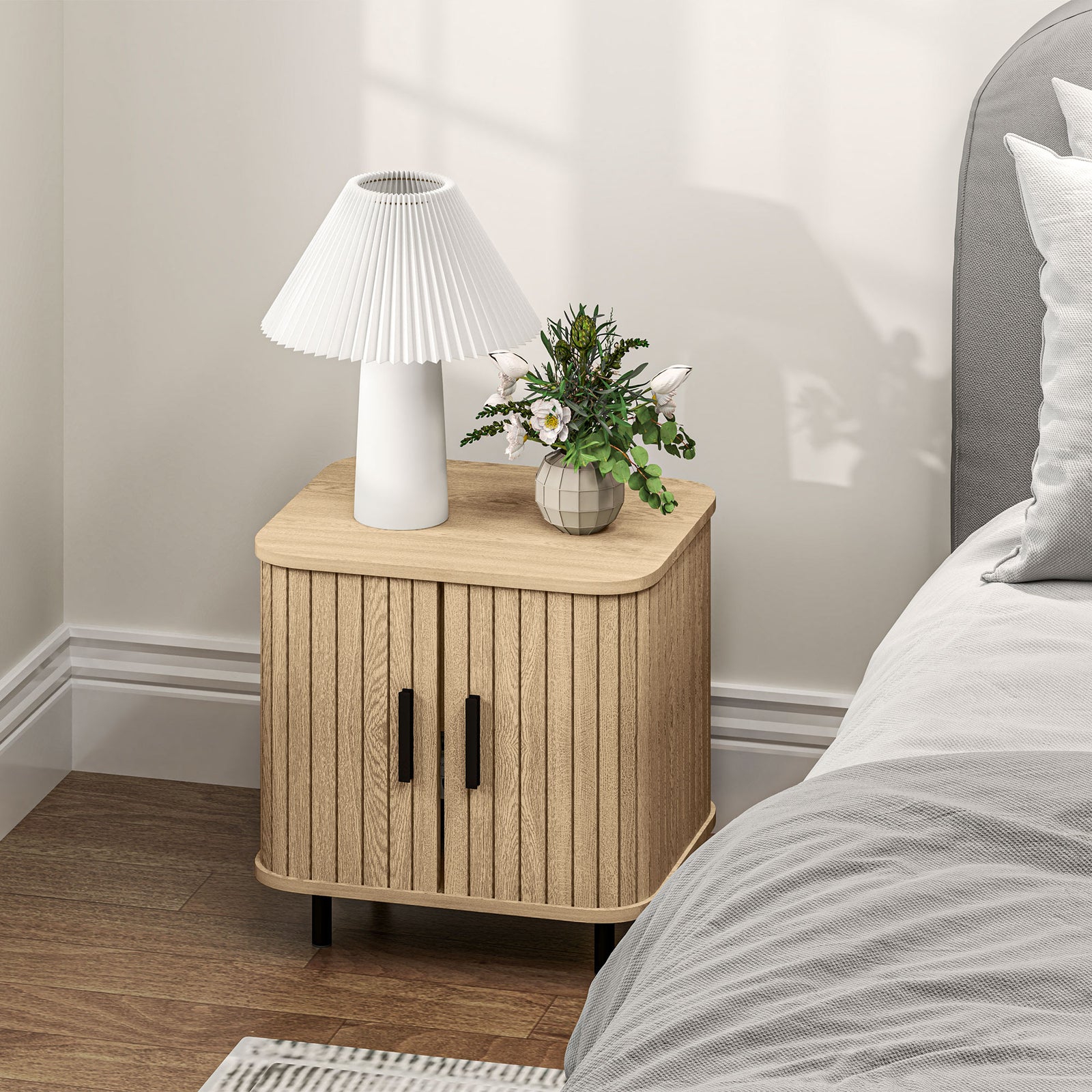 Nightstand With Sliding Doors And Metal Legs For Bedroom