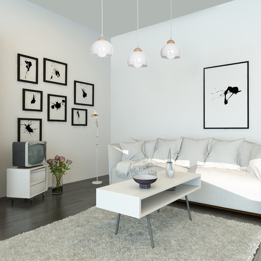 Dama White Pendant Light 3xe27 Hand Made Scandi Style Hanging Ceiling Lamp Enhanced By Natural Wood Detail