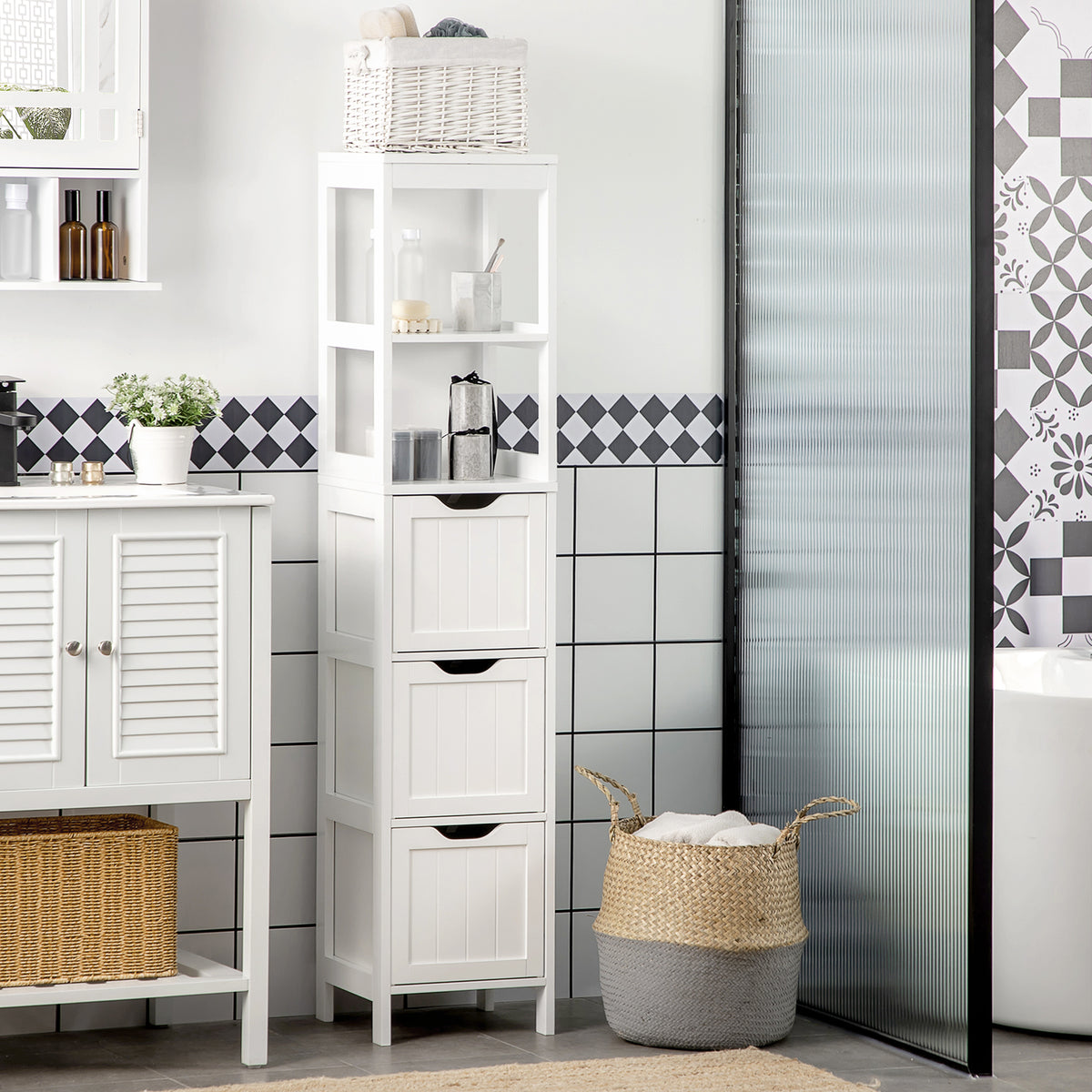 HOMCOM Slim Bathroom Storage Unit With 3 Drawers And 2 Open Shelves, White