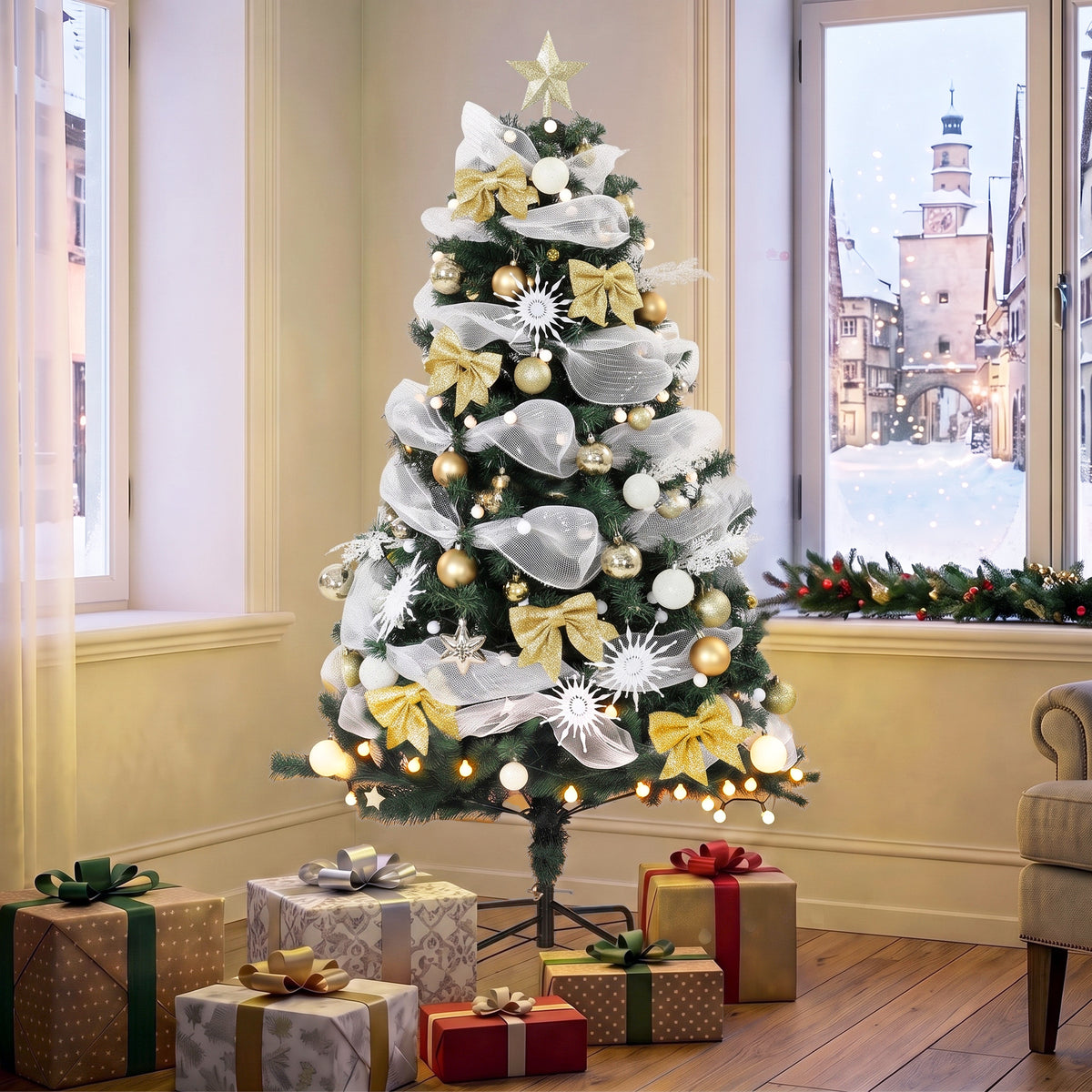 HOMCOM 5ft Pre-lit Christmas Tree With 150 Led Lights, 8 Modes, 450 Tips