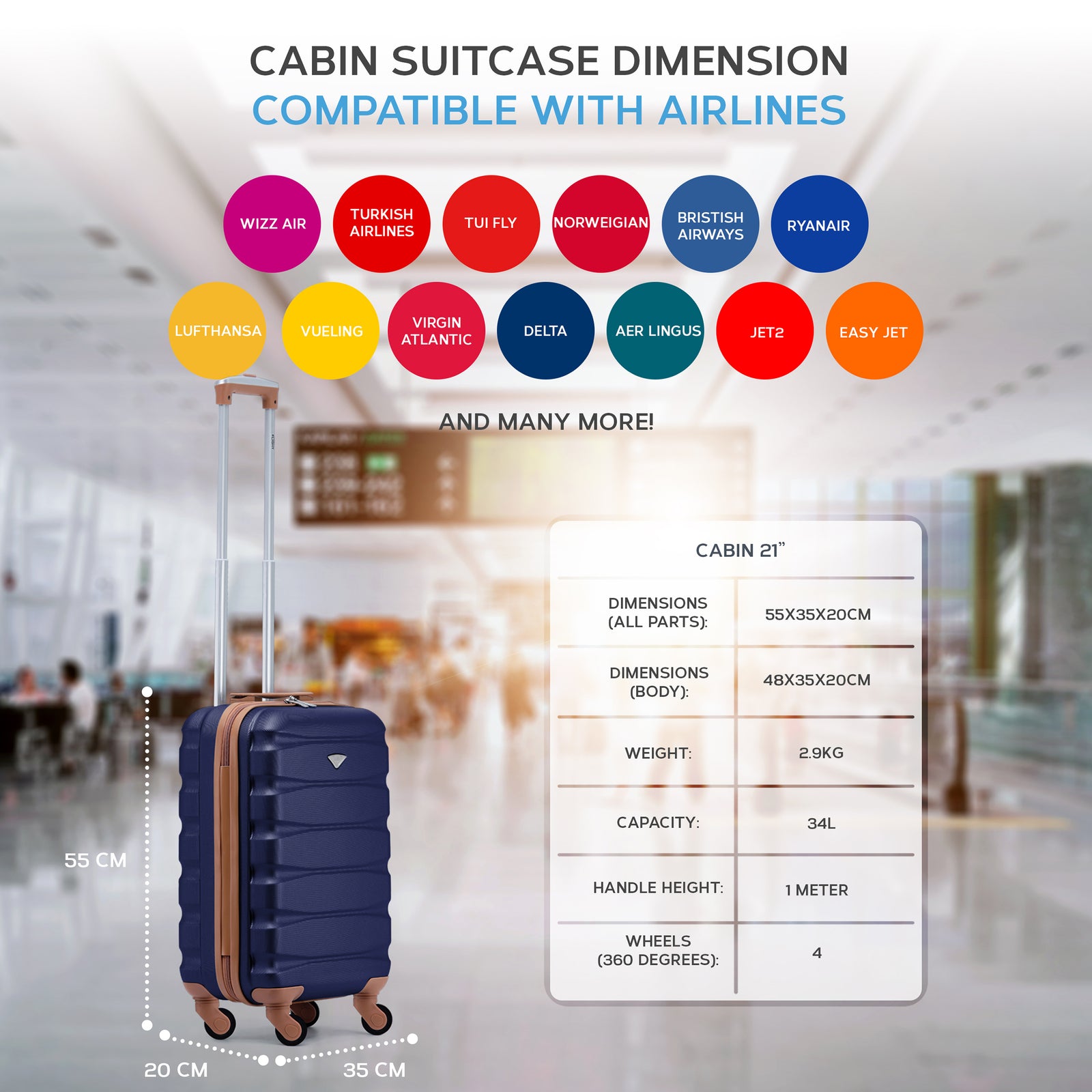 55x35x20cm Cabin Carry On Suitcase Hard Shell Overhead Luggage 100+ Airlines Approved | Cabin | Navy & Tan
