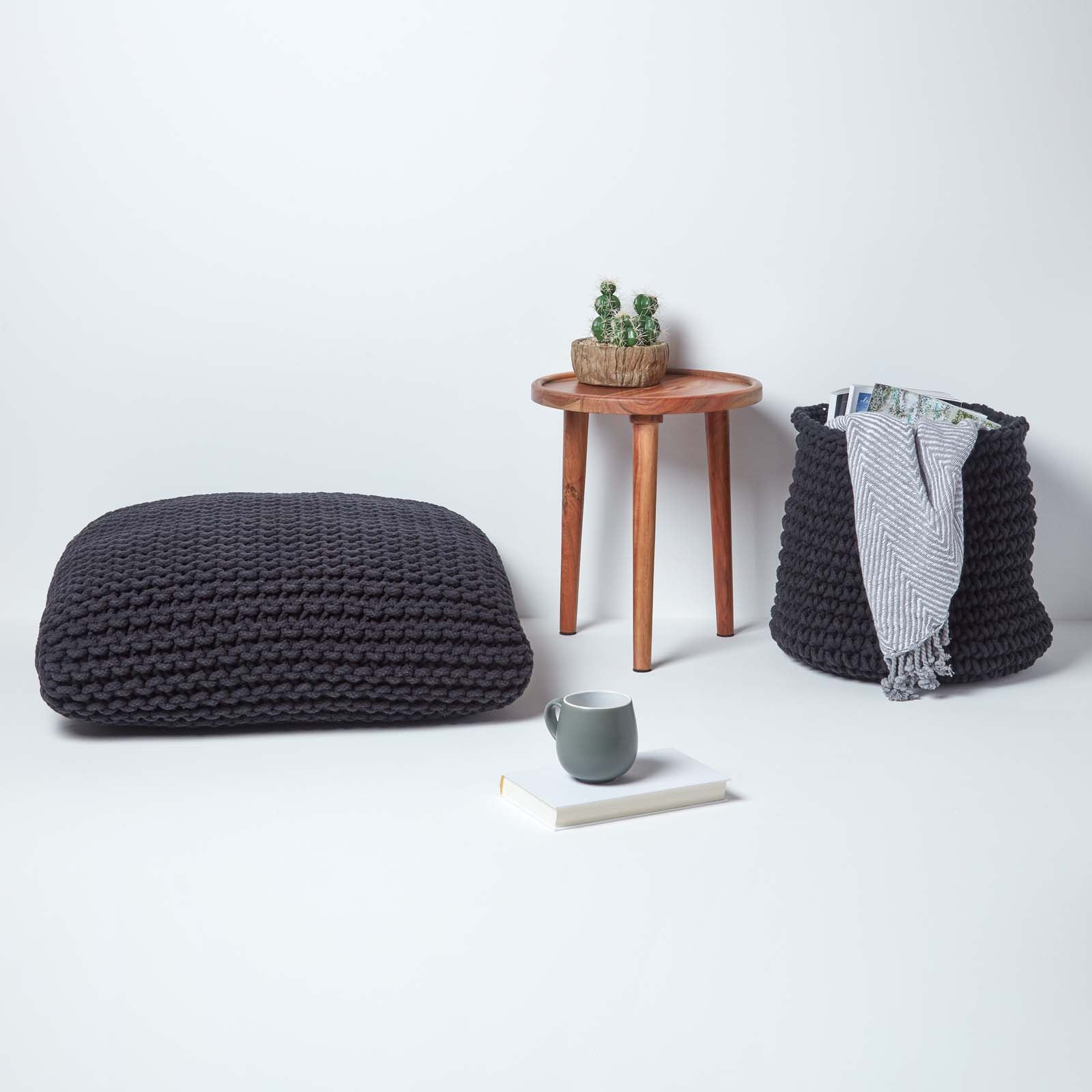 HOMESCAPES Black Square Cotton Knitted Pouffe Floor Cushion