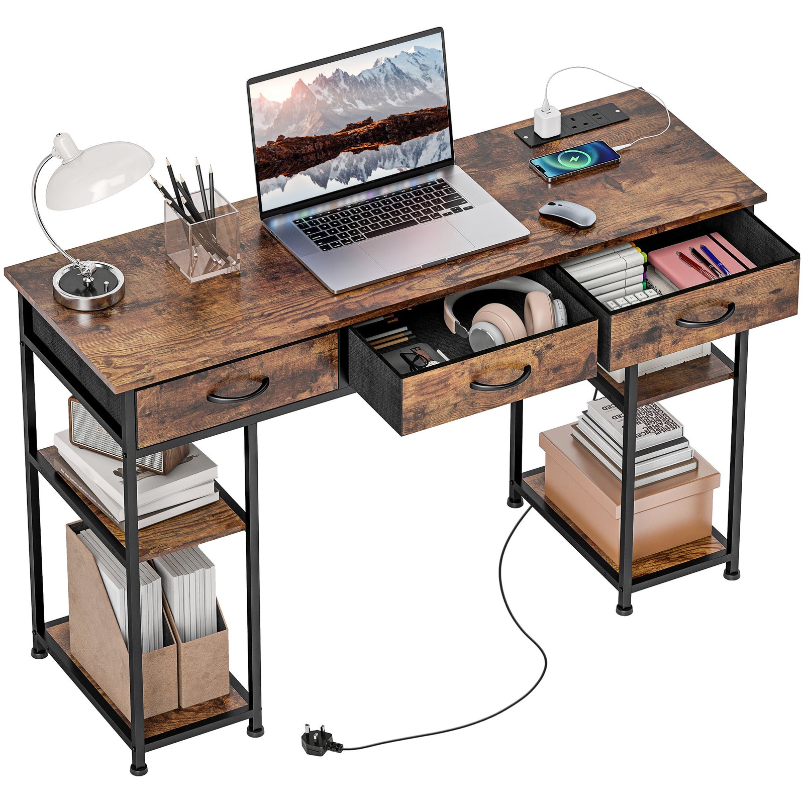 Computer Writing Desk With Power Outlets, Drawers, Shelves | Brown